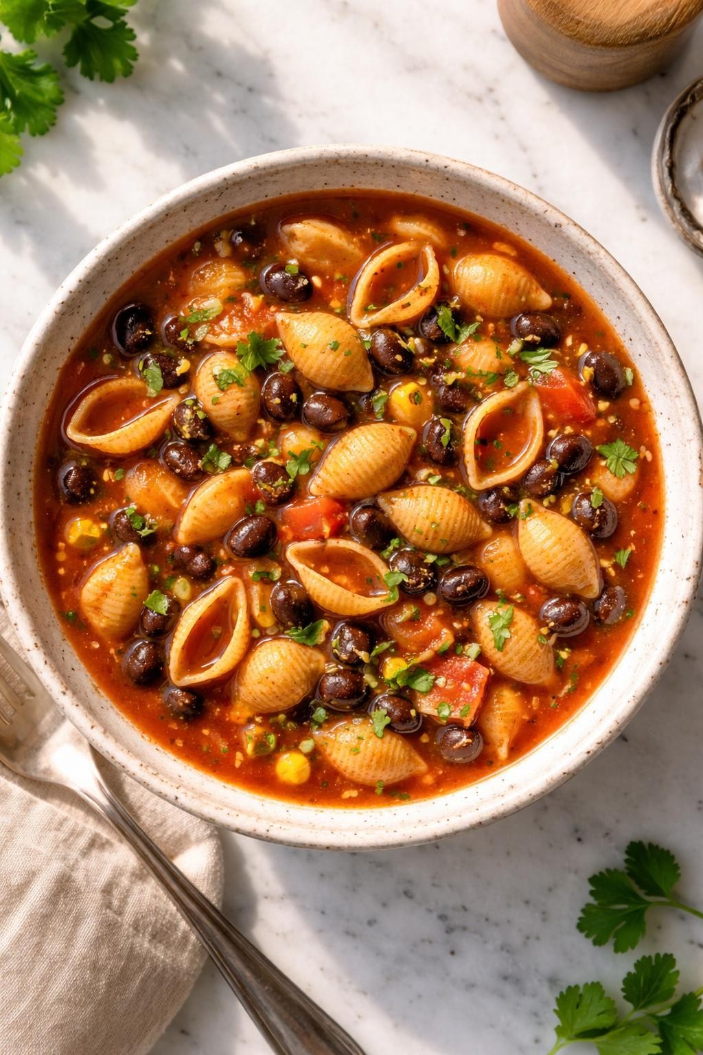 Image Prompt: Realistic top-down editorial food photography of Mexican sopita with beans in a bowl on a white marble countertop, shell pasta in red tomato broth with black beans and fresh cilantro, warm natural daylight, hearty homemade comfort food mood, no people, no hands, no text, no watermarks, no props with writing.