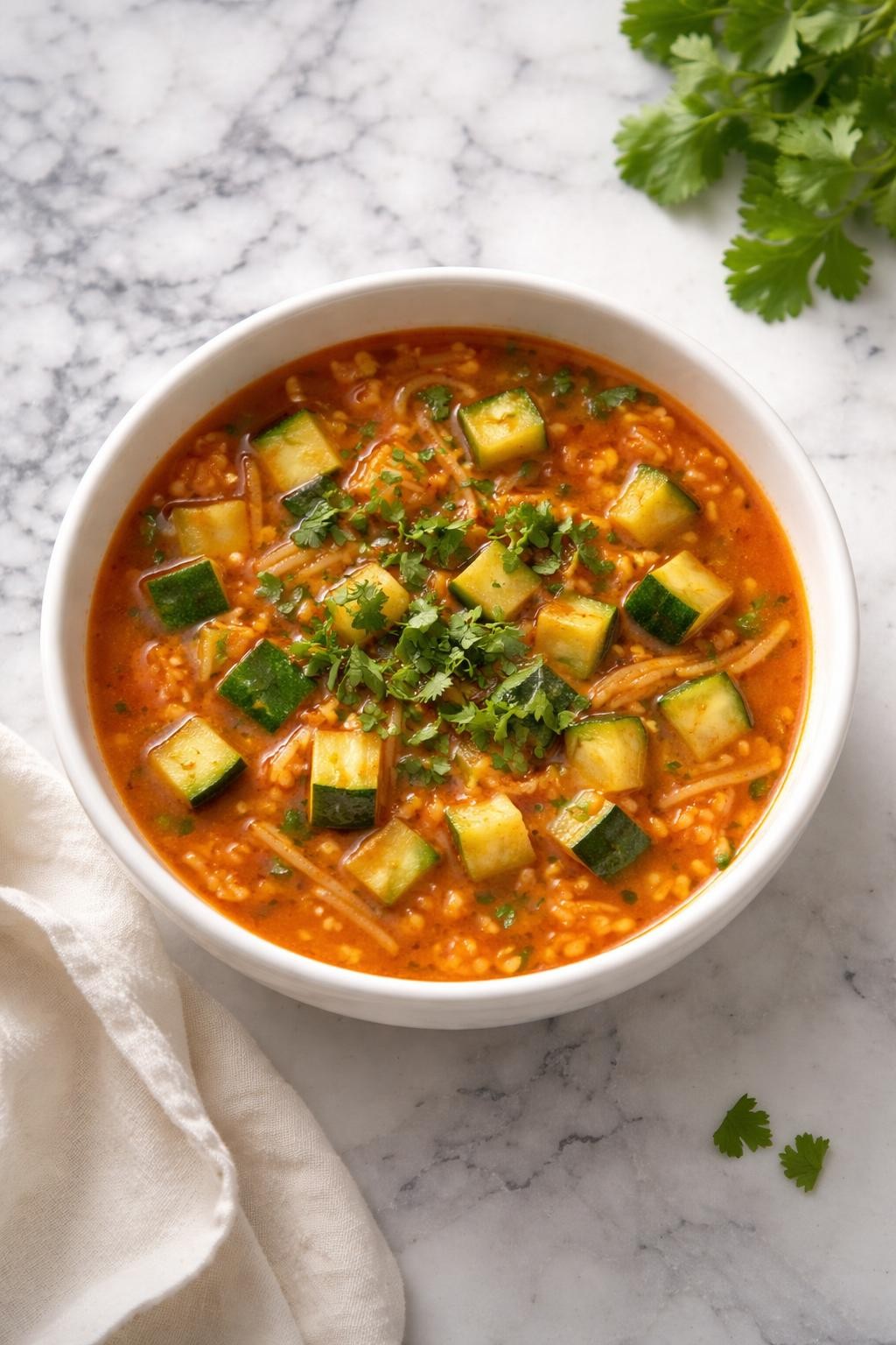 Image Prompt: Realistic top-down editorial food photography of Mexican sopita with zucchini in a white bowl on a clean white and gray marble countertop, small pasta in red tomato broth with diced zucchini and cilantro garnish, bright natural lighting, fresh homemade soup mood, no people, no hands, no text, no watermarks, no props with writing.