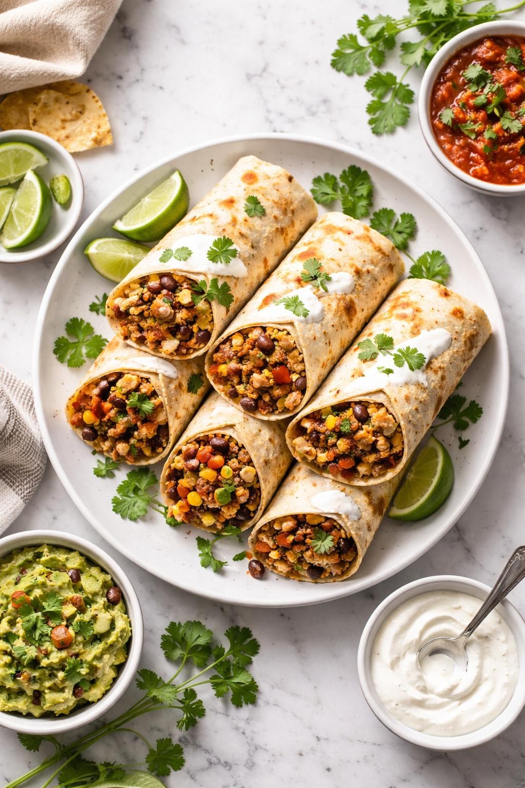 An overheard picture view of a plate of Ground Turkey Burritos sitting on a marble countertop table in the kitchen, professional food photography style.