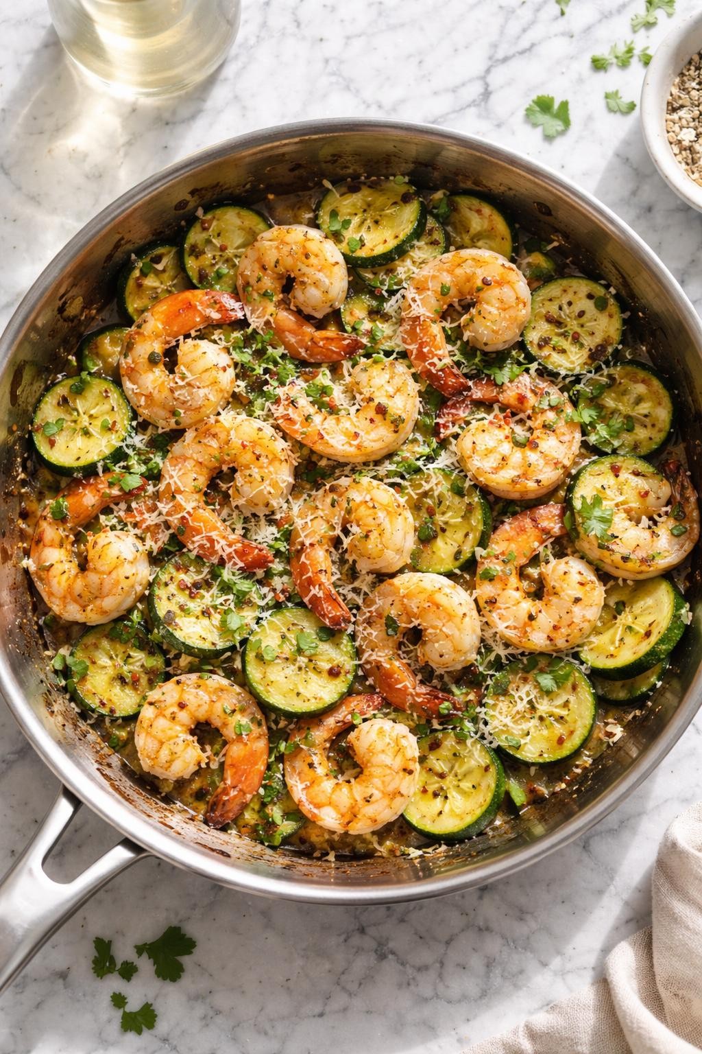 Image Prompt: Realistic top-down editorial food photography of Italian shrimp zucchini skillet on a white and gray marble countertop, shrimp cooked with zucchini, garlic, olive oil, herbs, and parmesan in a skillet, bright natural daylight, light homemade dinner mood, no people, no hands, no text, no watermarks, no props with writing.