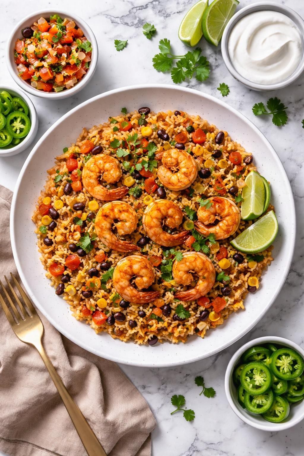 An overheard picture view of a plate of Mexican Shrimp Rice sitting on a marble countertop table in the kitchen, professional food photography style.