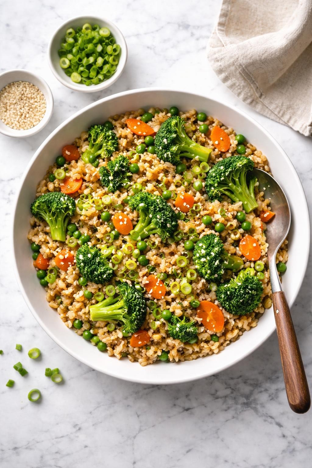 Image Prompt: Top-down realistic editorial food photography of brown rice veggie stir-fry on a clean white and gray marble countertop, cooked brown rice tossed with broccoli, carrots, peas, and green onions in a simple glossy sauce, homemade whole food vegan dinner styling, bright natural window lighting, soft shadows, clean composition, high detail, realistic food texture, no people, no hands, no text, no watermarks, no props with writing.