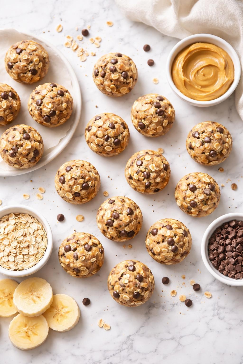 Image Prompt: Realistic top-down editorial food photography of vegan banana peanut butter bites on a white marble countertop, small no-bake banana snack bites made with oats and peanut butter, neat arrangement, soft natural light, clean snack styling, high detail, no people, no hands, no text, no watermarks, no props with writing.