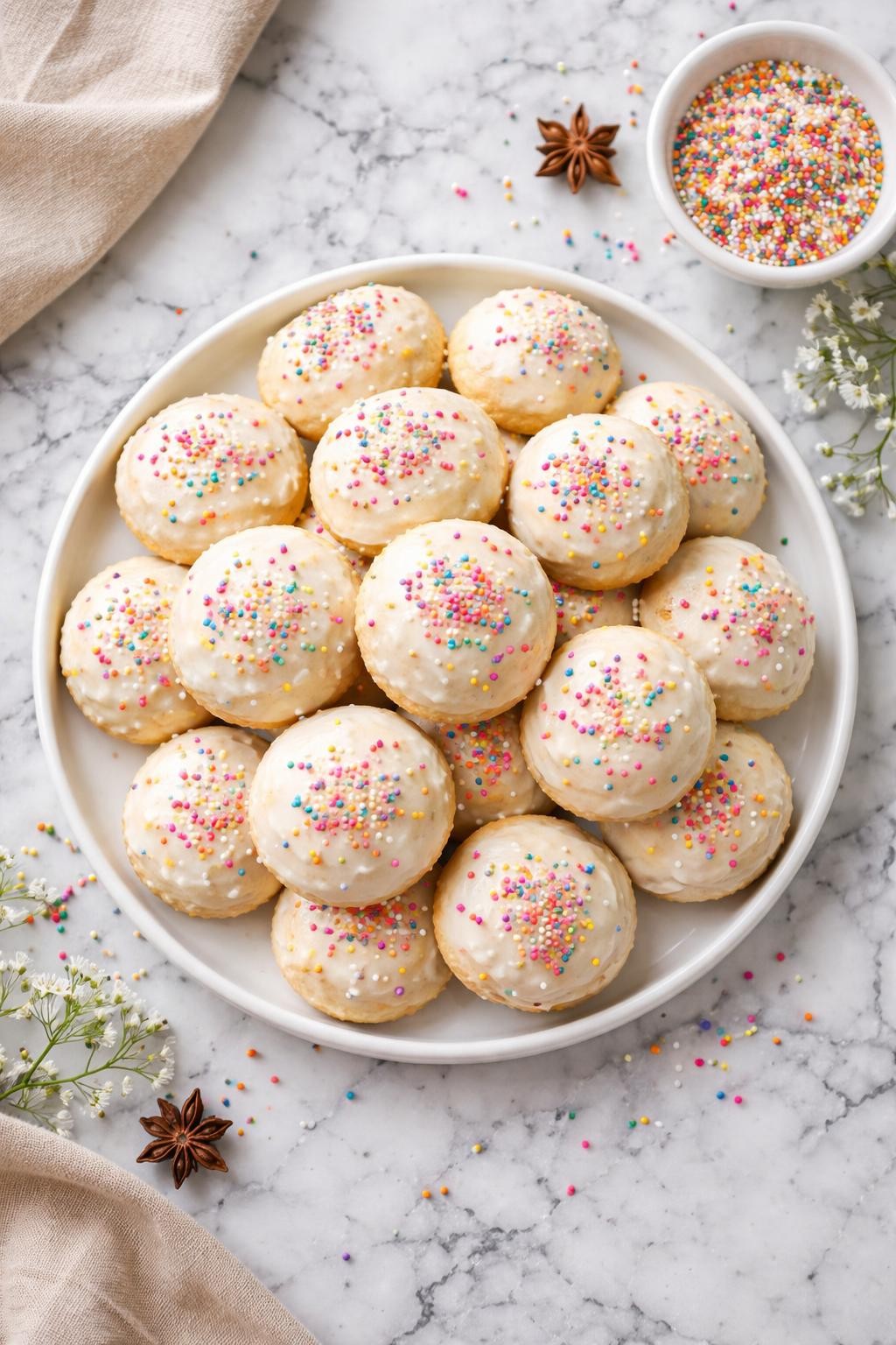 An overheard picture view of a plate of  Italian Anise Cookies  sitting on a marble countertop table in the kitchen, professional food photography style.
