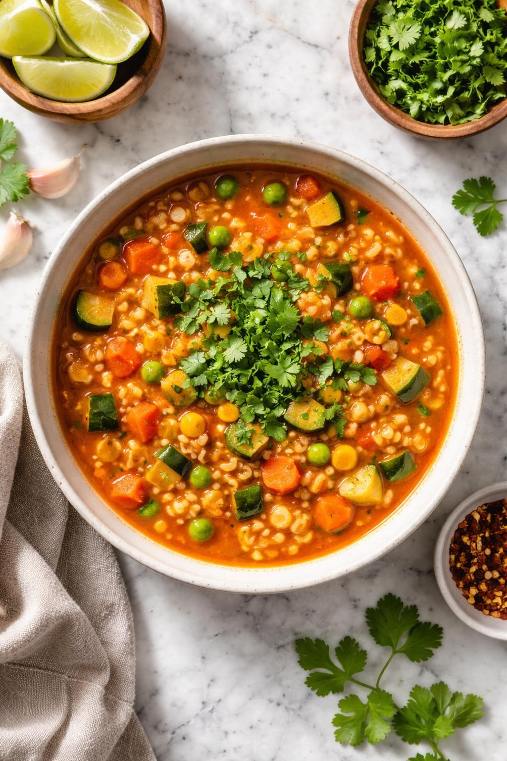 Image Prompt: Realistic top-down editorial food photography of Mexican vegetable sopita in a bowl on a white and gray marble countertop, small pasta in tomato broth with carrots, zucchini, peas, and corn, fresh cilantro on top, bright natural daylight, cozy wholesome homemade mood, no people, no hands, no text, no watermarks, no props with writing.