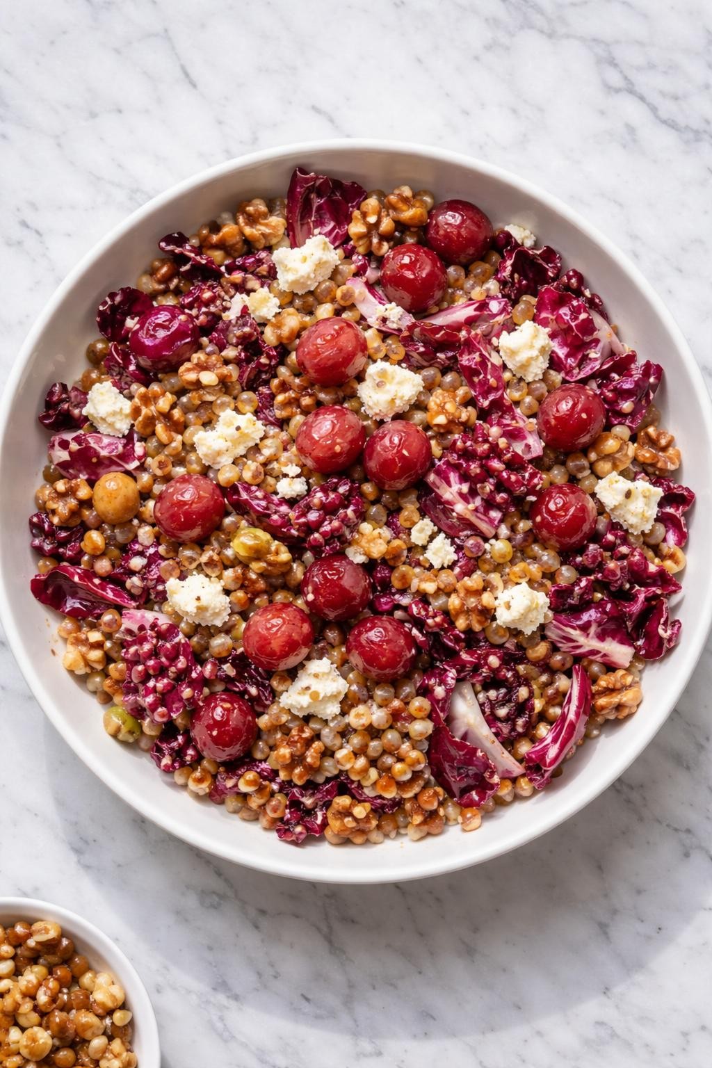 Image Prompt: Realistic top-down editorial food photography of a radicchio salad with farro in a white serving bowl on a marble countertop, chopped radicchio with cooked farro, roasted grapes, walnuts, and goat cheese, light vinaigrette over the top, bright natural light, soft shadows, clean homemade food styling, high detail, realistic food texture, no people, no hands, no text, no watermarks, no props with writing.