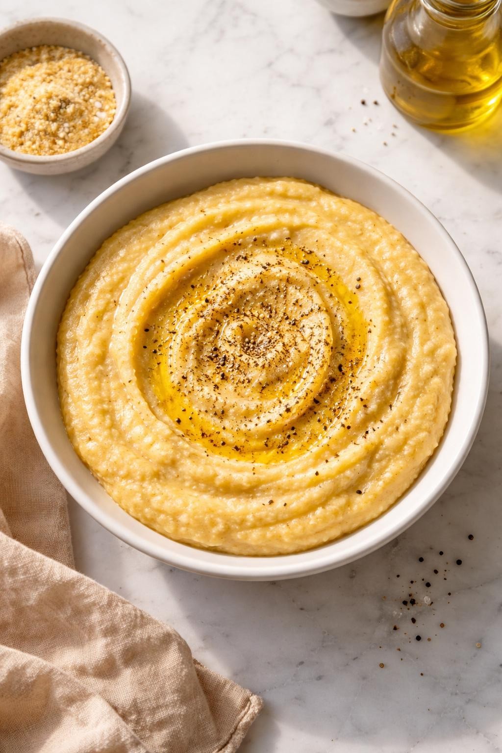 Image Prompt: Realistic top-down editorial food photography of creamy vegan parmesan-style polenta in a white bowl on a clean marble countertop, soft golden polenta with a creamy texture mixed with nutritional yeast and olive oil, black pepper on top, warm natural daylight, cozy homemade side dish mood, no people, no hands, no text, no watermarks, no props with writing.