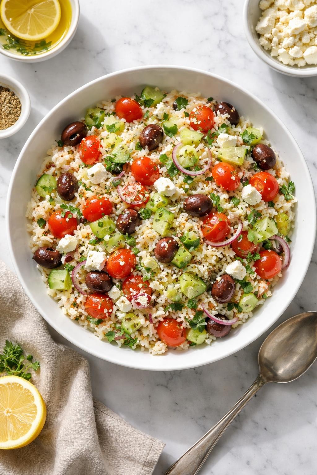 Image Prompt: Realistic top-down editorial food photography of a Greek rice salad in a shallow white bowl on a clean white marble countertop, fluffy cold rice mixed with cucumber, tomatoes, red onion, olives, feta cheese, and oregano lemon dressing, fresh homemade meal prep lunch styling, bright natural daylight, soft shadows, clean editorial composition, high detail, realistic texture, no people, no hands, no text, no watermarks, no props with writing.