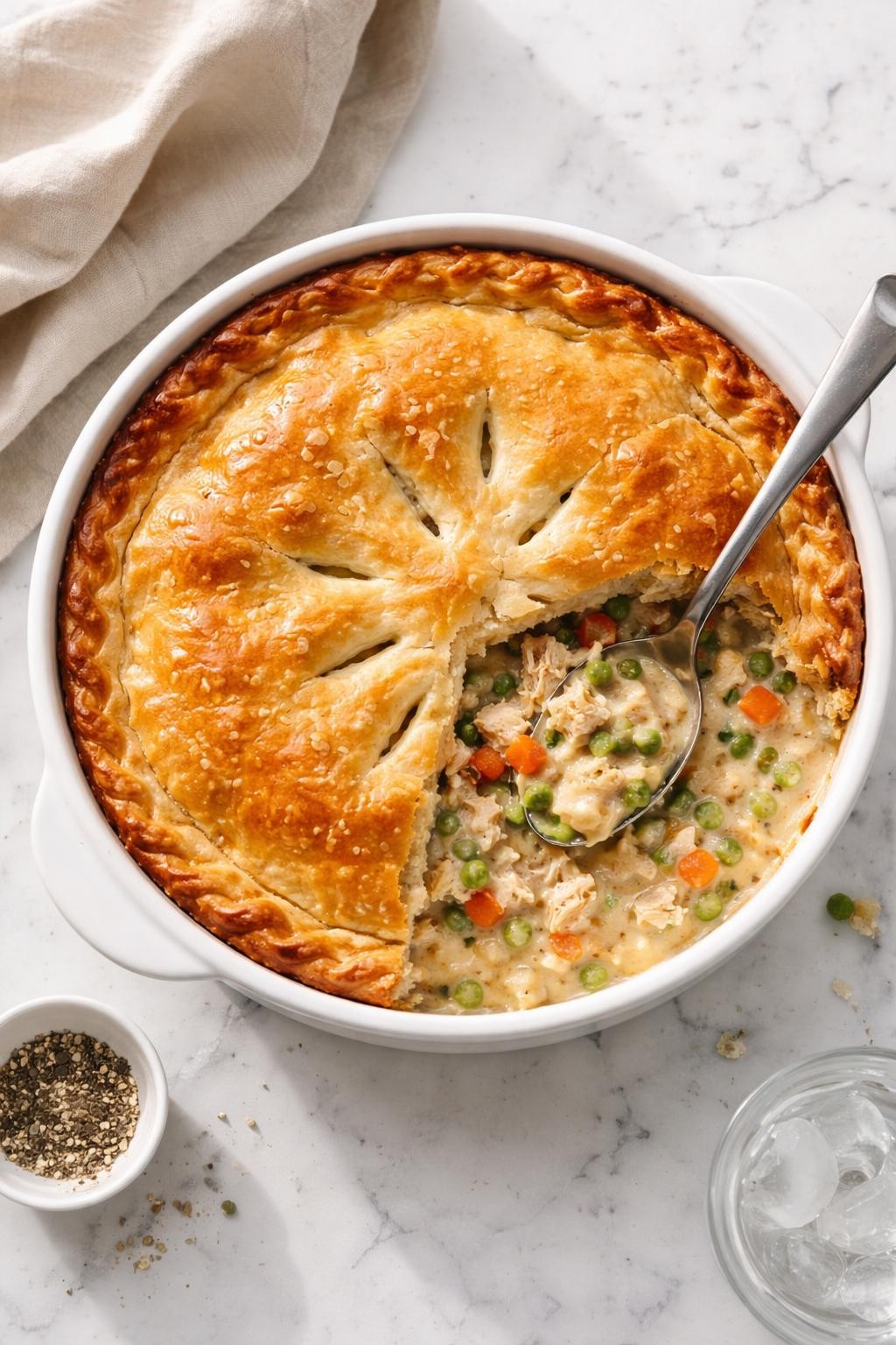 Prompt: Top-down realistic editorial food photography of rotisserie chicken pot pie in a round baking dish on a clean white marble countertop, golden flaky crust over a creamy filling of shredded chicken and vegetables, one spooned section showing the rich tender inside, cozy homemade comfort food mood, bright natural window light, soft shadows, clean composition, high detail, realistic food texture, no people, no hands, no text, no watermarks, no props with writing.