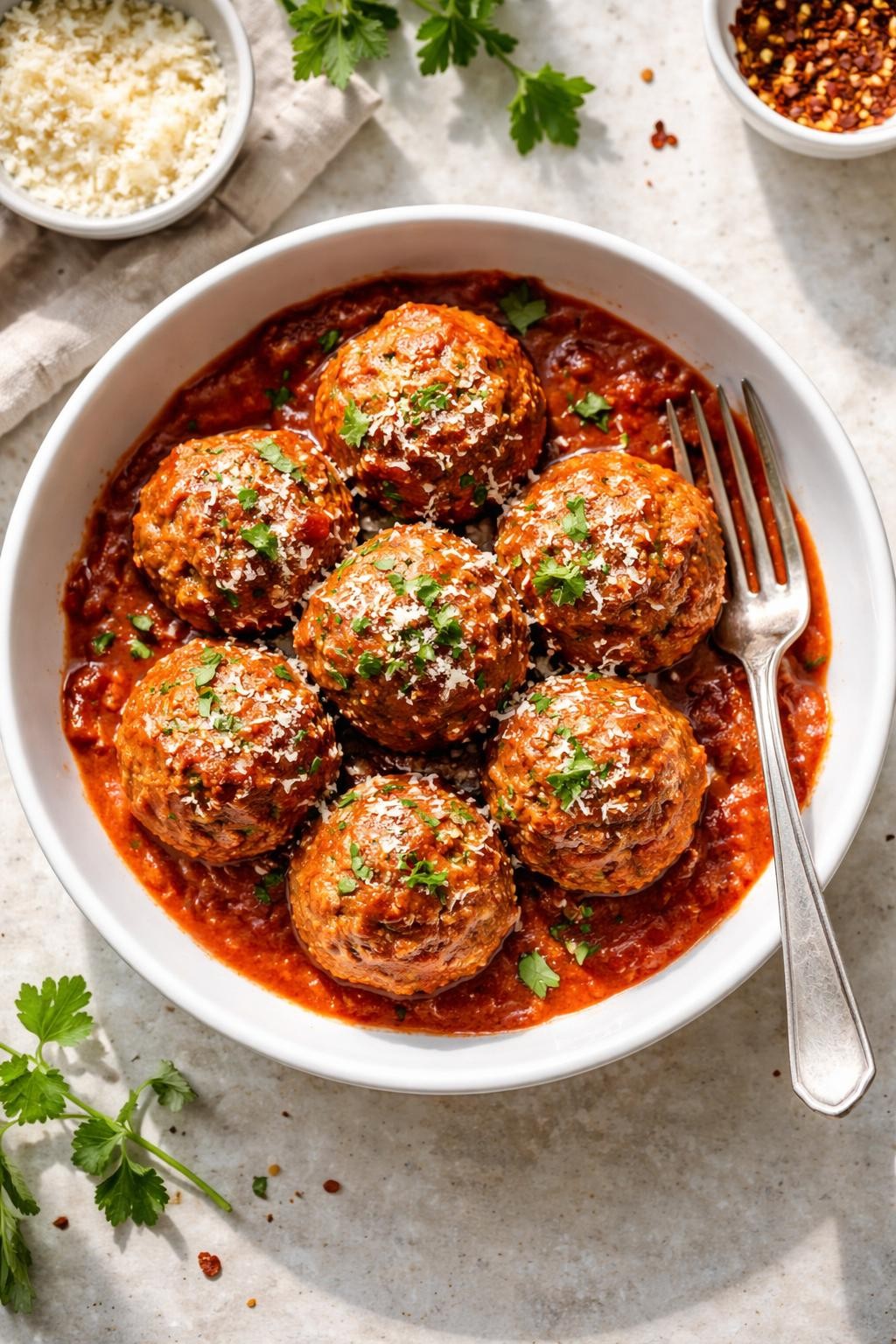 Photo prompt: Realistic top-down editorial food photography of a white bowl filled with six round turkey meatballs covered in red marinara sauce. A sprinkle of fresh parsley and grated Parmesan on top. The meatballs are slightly textured and moist. A fork rests on the side. Bright natural light, simple freezer-friendly dinner mood. No people, no hands, no text, no watermarks, no props with writing.