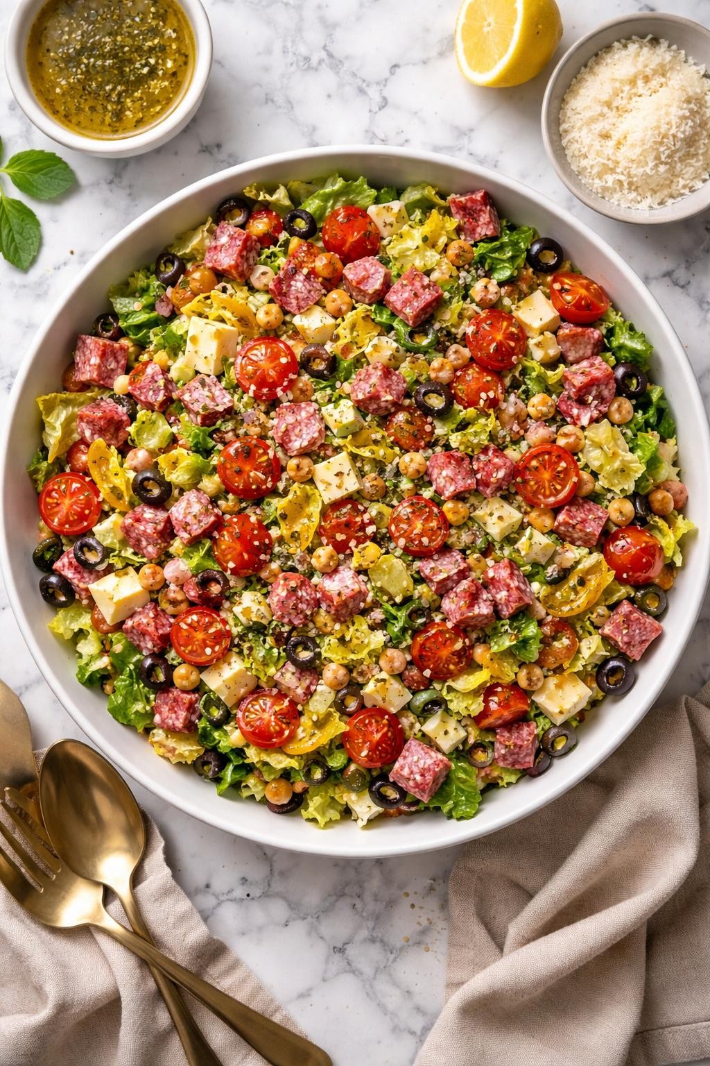 An overheard picture view of a plate of Classic Italian Chopped Deli Salad sitting on a marble countertop table in the kitchen, professional food photography style.