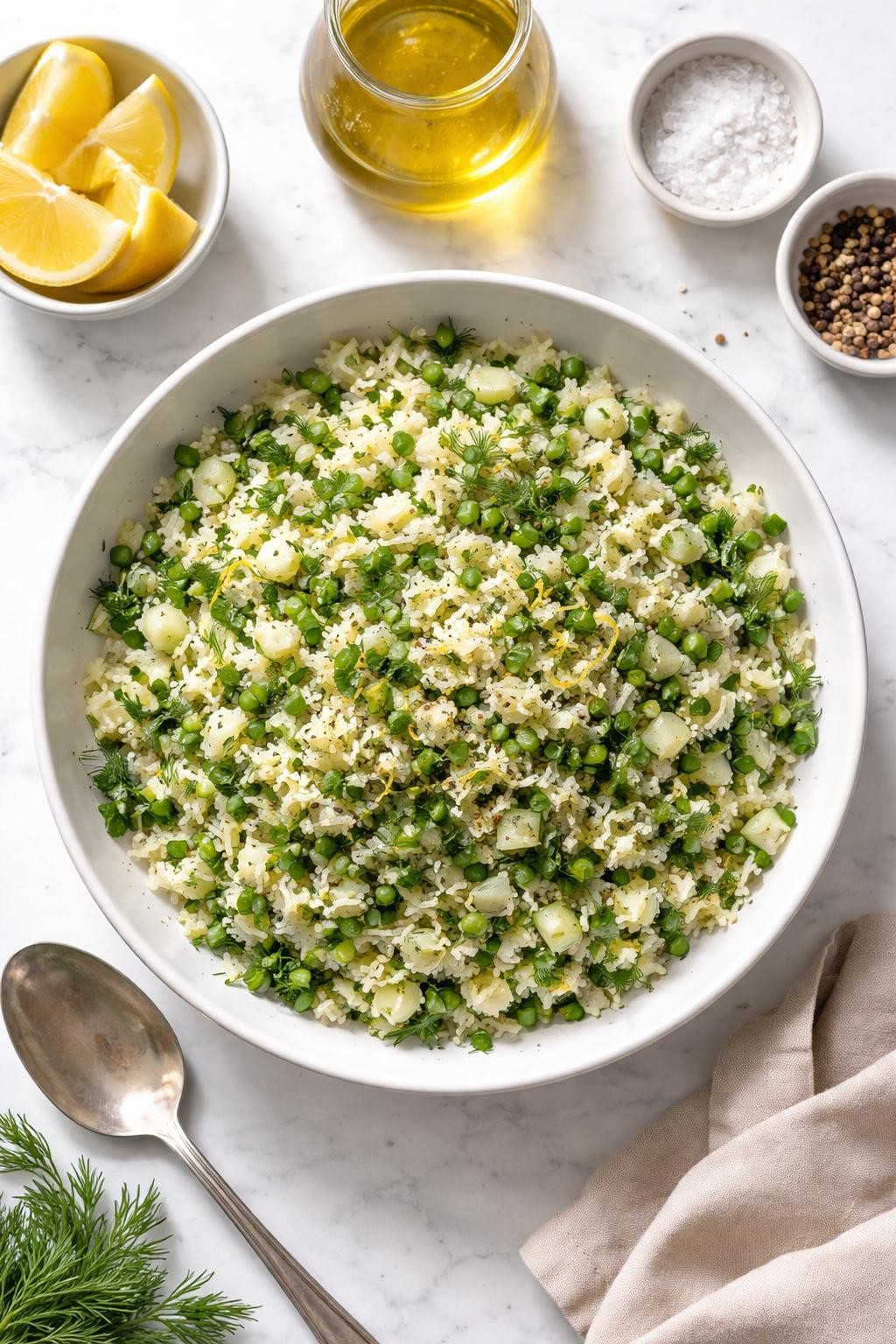 Image Prompt: Realistic top-down editorial food photography of a lemon herb rice salad in a shallow white bowl on a clean marble countertop, fluffy rice mixed with chopped parsley, dill, cucumber, green onion, and lemon dressing, bright natural window lighting, soft shadows, clean composition, high detail, realistic food texture, no people, no hands, no text, no watermarks, no props with writing.