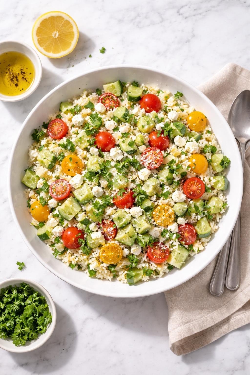 Image Prompt: Realistic top-down editorial food photography of a rice salad with feta and cucumbers in a shallow white bowl on a clean marble countertop, fluffy rice mixed with diced cucumber, feta cheese crumbles, cherry tomatoes, parsley, and lemon olive oil dressing, bright natural lighting, soft shadows, clean editorial styling, realistic food textures, no people, no hands, no text, no watermarks, no props with writing.