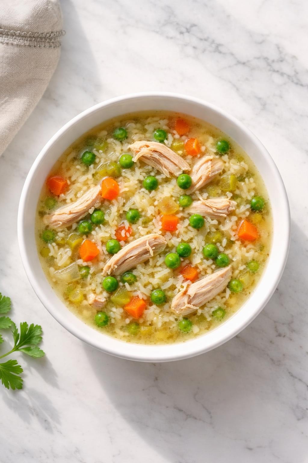 Image Prompt: Realistic top-down editorial food photography of a bowl of chicken and rice soup with peas on a clean marble countertop, light broth with shredded chicken, rice, green peas, carrots, celery, and onion, simple white bowl, bright natural window lighting, soft shadows, clean composition, high detail, realistic food texture, no people, no hands, no text, no watermarks, no props with writing.