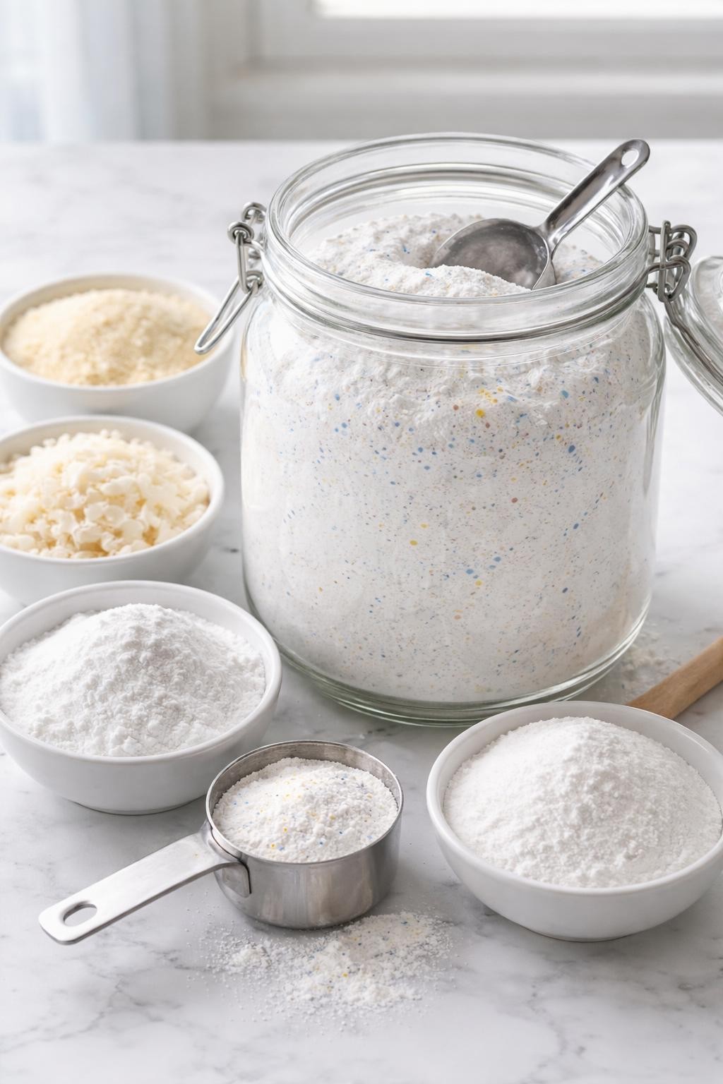 A realistic close-up photo of a glass jar filled with homemade oxygen boost laundry detergent powder on a clean white marble countertop. Small bowls of washing soda, borax, grated laundry soap, oxygen cleaner powder, and a scoop are arranged neatly around the jar. Bright cool-toned natural light, crisp detail, realistic texture, clean minimal setup, strong focus on the powder texture and jar, no people, no text, (no watermarks on images)