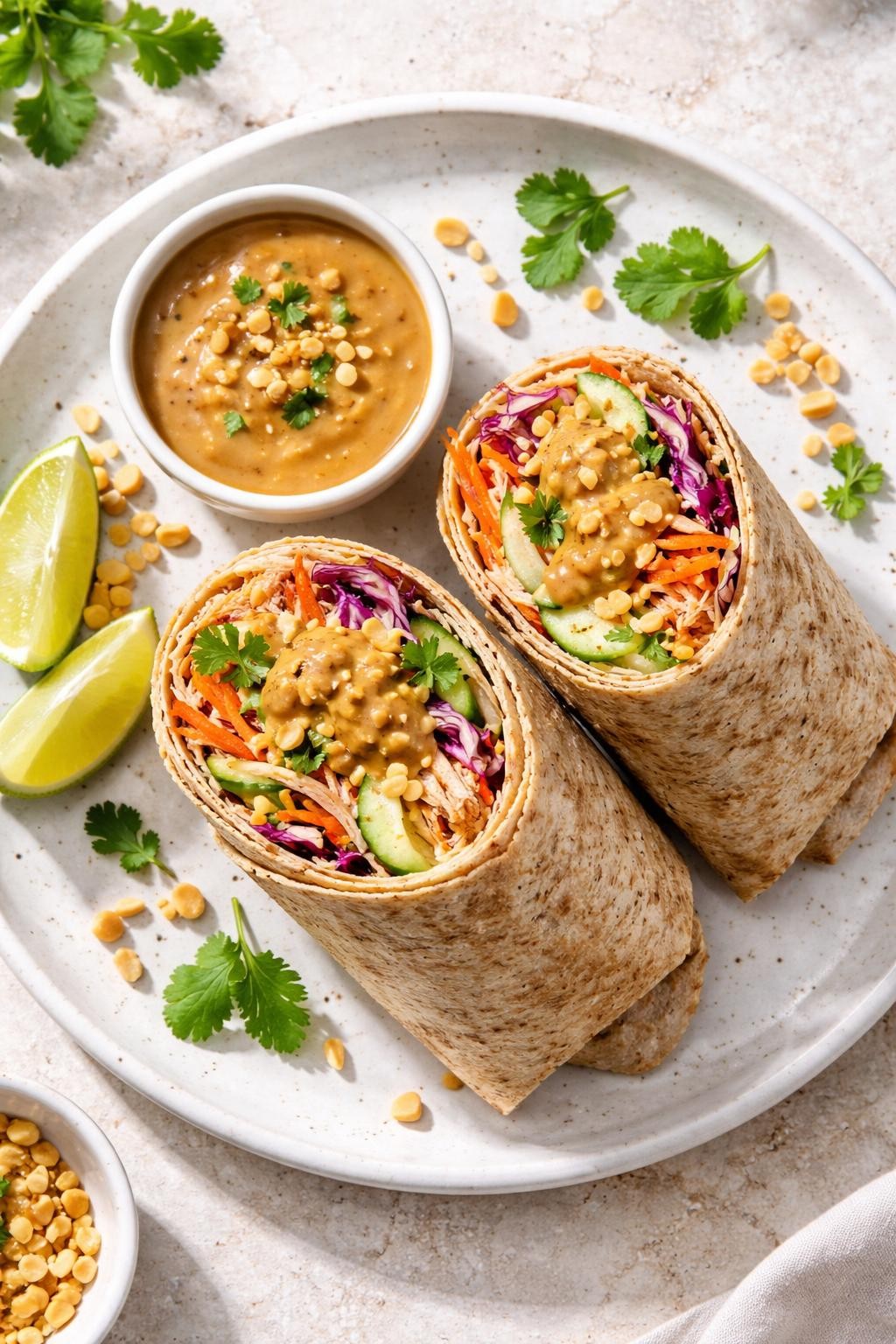 Photo prompt: Realistic top-down editorial food photography of a whole-wheat tortilla wrap sliced in half, filled with shredded chicken, shredded cabbage, carrot, cucumber, and a drizzle of peanut sauce. A small container of extra peanut sauce on the side. Bright natural light, flavorful lunch box wrap mood, no people, no hands, no text, no watermarks, no props with writing.