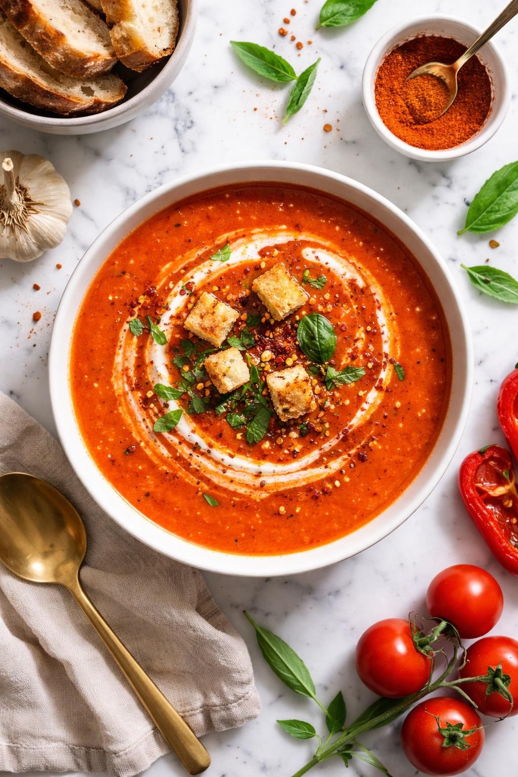 An overheard picture view of a plate of Roasted Tomato and Red Pepper Soup with Smoked Paprika sitting on a marble countertop table in the kitchen, professional food photography style.