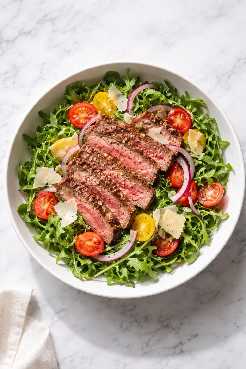 Image Prompt: Realistic top-down editorial food photography of a steak and arugula salad in a simple white bowl on a clean marble countertop, sliced medium-rare steak over fresh arugula with shaved parmesan, cherry tomatoes, red onion, and lemon vinaigrette, black pepper sprinkled over the top, bright natural window light, soft shadows, clean editorial styling, high detail, realistic food texture, no people, no hands, no text, no watermarks, no props with writing.
