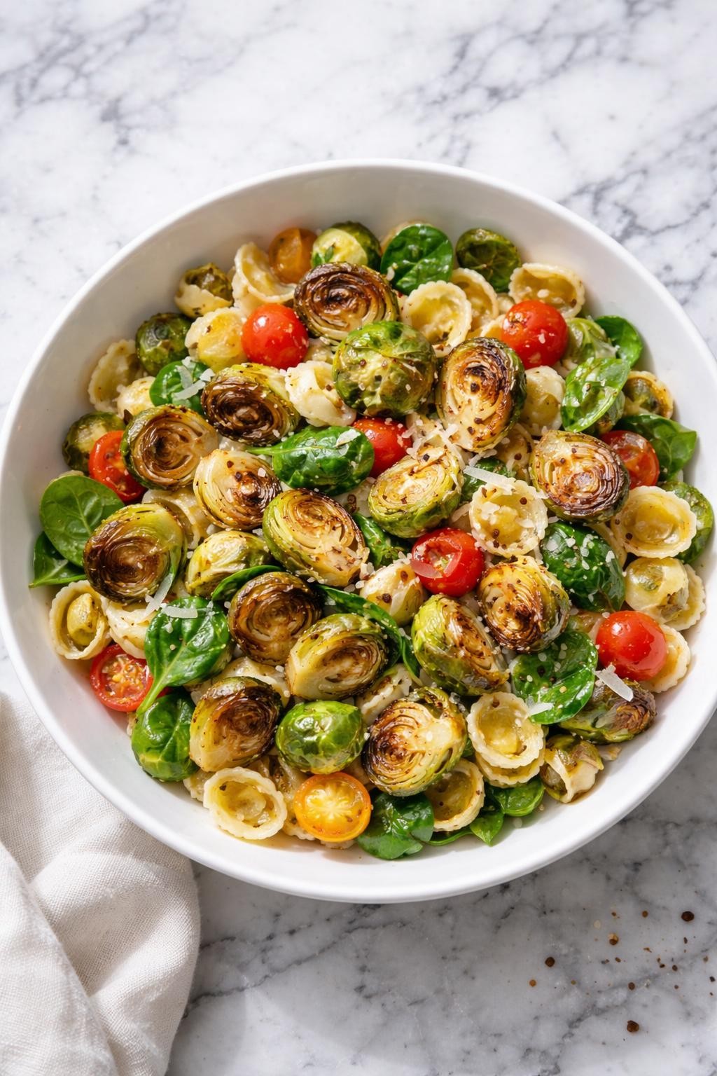 Image Prompt: Realistic top-down editorial food photography of a roasted Brussels sprout pasta salad in a wide white bowl on a white and gray marble countertop, roasted Brussels sprouts mixed with cooked pasta, cherry tomatoes, parmesan, spinach, and light vinaigrette, bright natural window lighting, soft shadows, clean composition, high detail, realistic food texture, no people, no hands, no text, no watermarks, no props with writing.