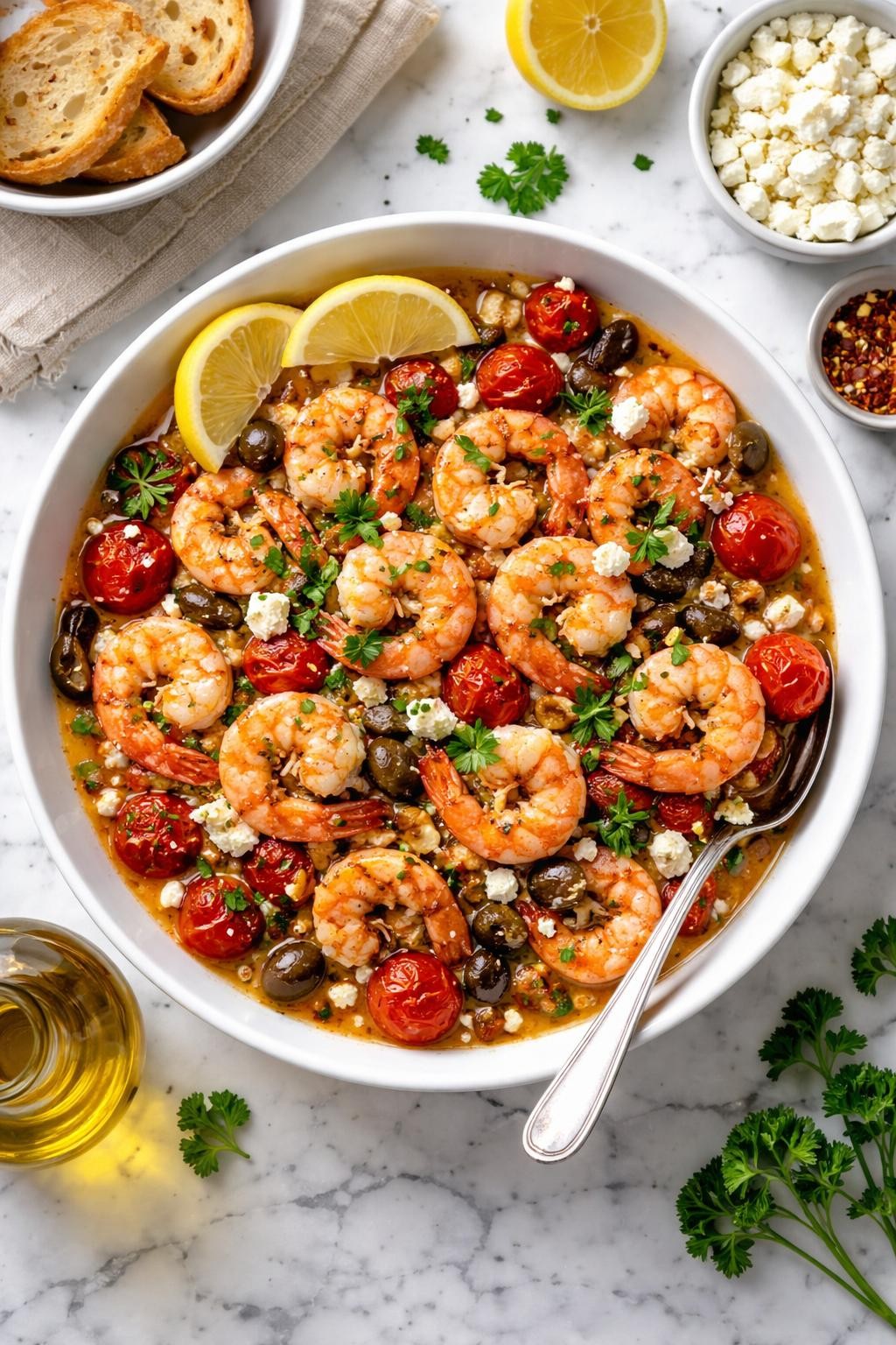 An overheard picture view of a plate of Mediterranean Shrimp with Tomatoes and Feta sitting on a marble countertop table in the kitchen, professional food photography style.