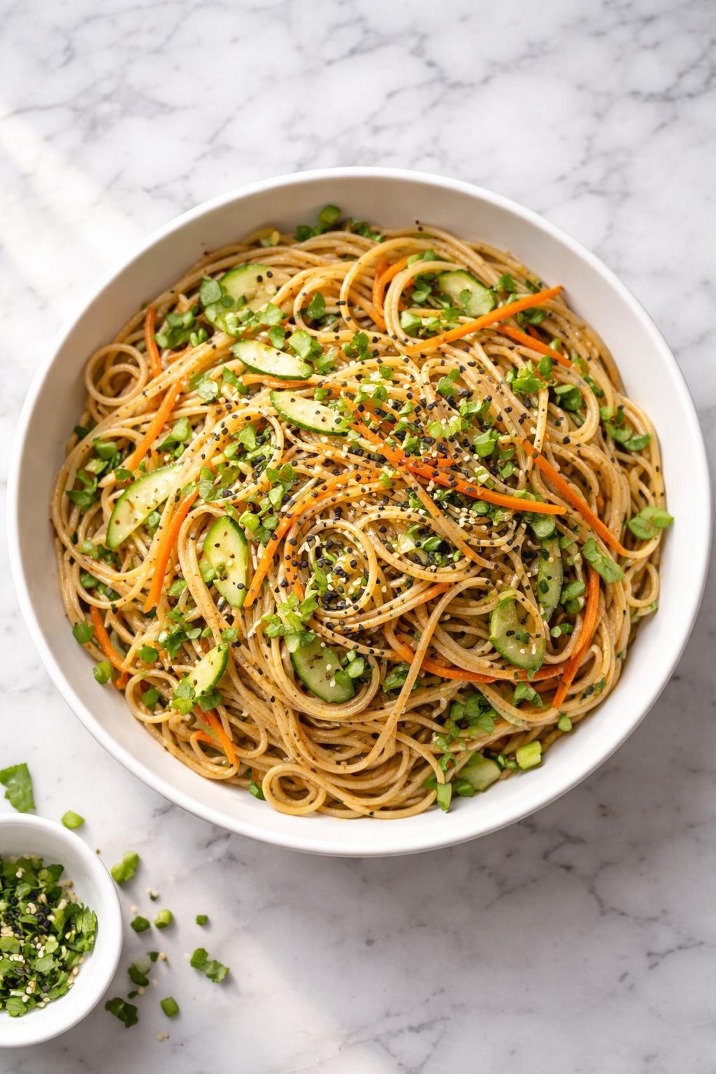 Image Prompt: Realistic top-down editorial food photography of a sesame noodle salad on a clean white and gray marble countertop, chilled noodles tossed with shredded carrots, cucumber, green onions, sesame seeds, and glossy sesame soy dressing in a simple white bowl, fresh homemade lunch styling, bright natural window lighting, soft shadows, clean composition, high detail, realistic food texture, no people, no hands, no text, no watermarks, no props with writing.