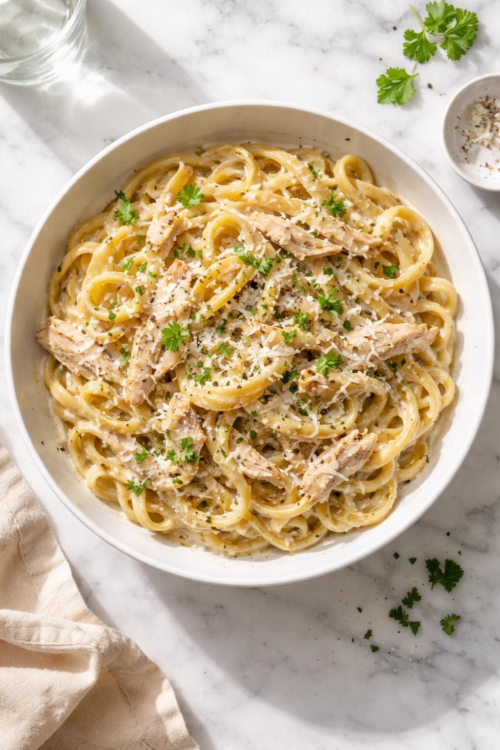 Prompt: Top-down realistic editorial food photography of creamy rotisserie chicken pasta in a white bowl on a clean white marble countertop, tender pasta coated in a creamy sauce with shredded chicken, herbs, and parmesan, rich homemade dinner mood, bright natural window lighting, soft shadows, clean composition, high detail, realistic food texture, no people, no hands, no text, no watermarks, no props with writing.