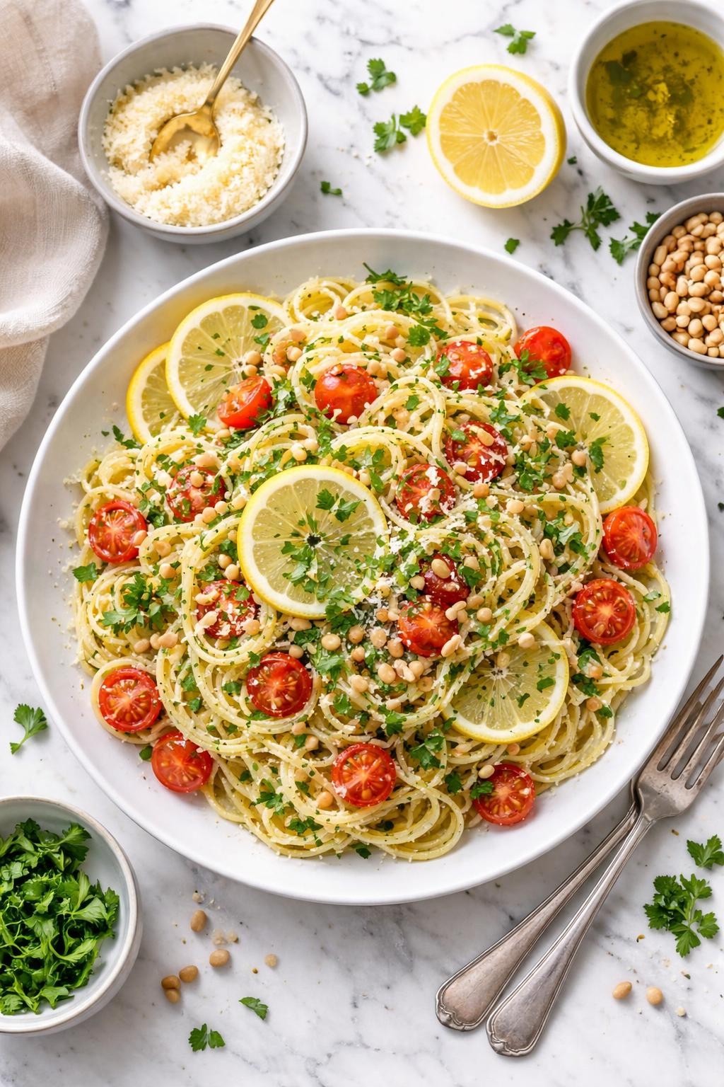 An overheard picture view of a plate of Lemon Pasta Salad with Pine Nuts and Herbs sitting on a marble countertop table in the kitchen, professional food photography style.