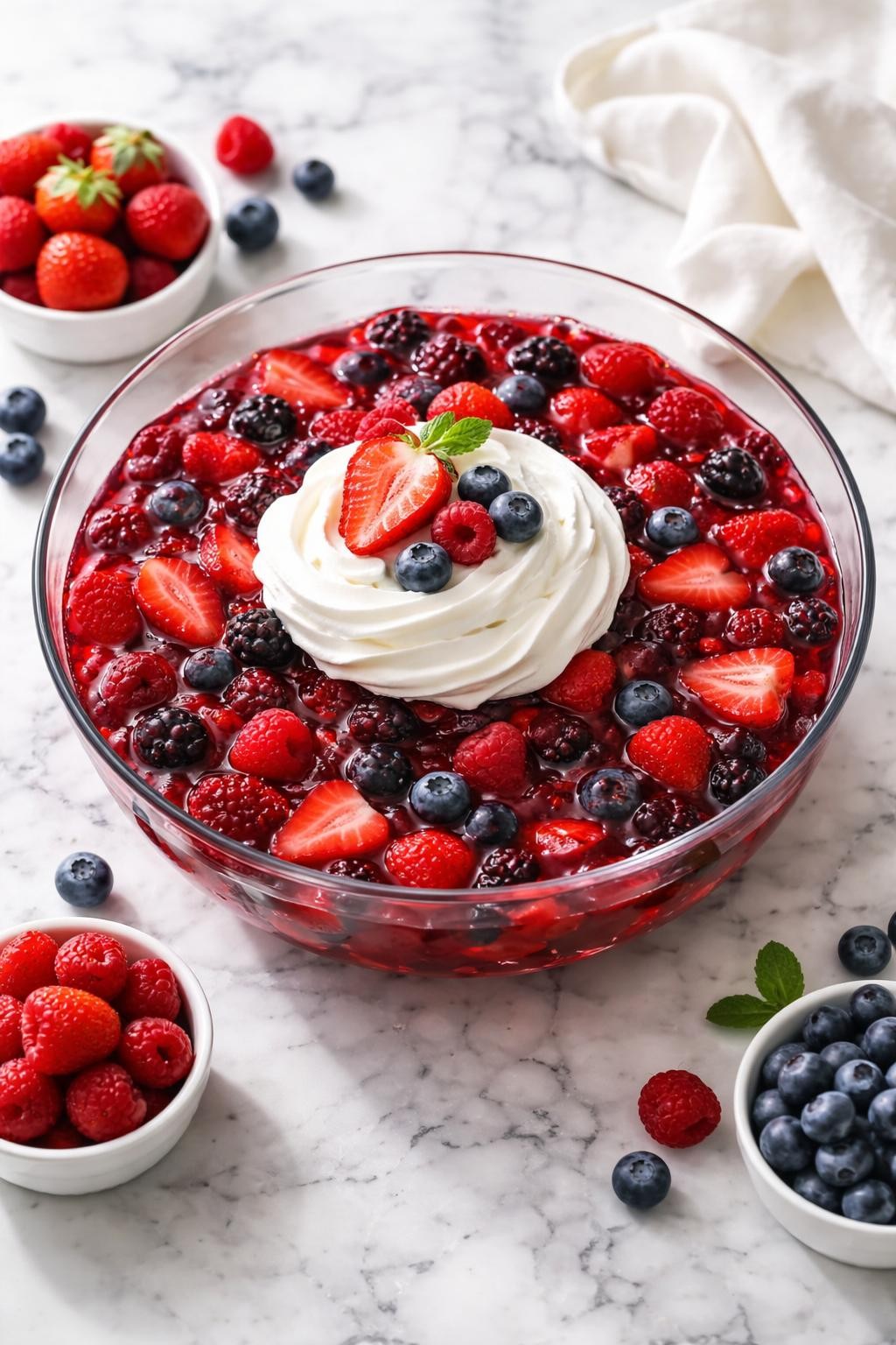 Image Prompt: Realistic top-down editorial food photography of mixed berry jello salad in a clear glass bowl on a clean white and gray marble countertop, jewel-toned berry jello mixed with strawberries, blueberries, raspberries, and whipped topping, fresh homemade party dessert styling, bright natural window lighting, soft shadows, clean composition, high detail, realistic texture, no people, no hands, no text, no watermarks, no props with writing.