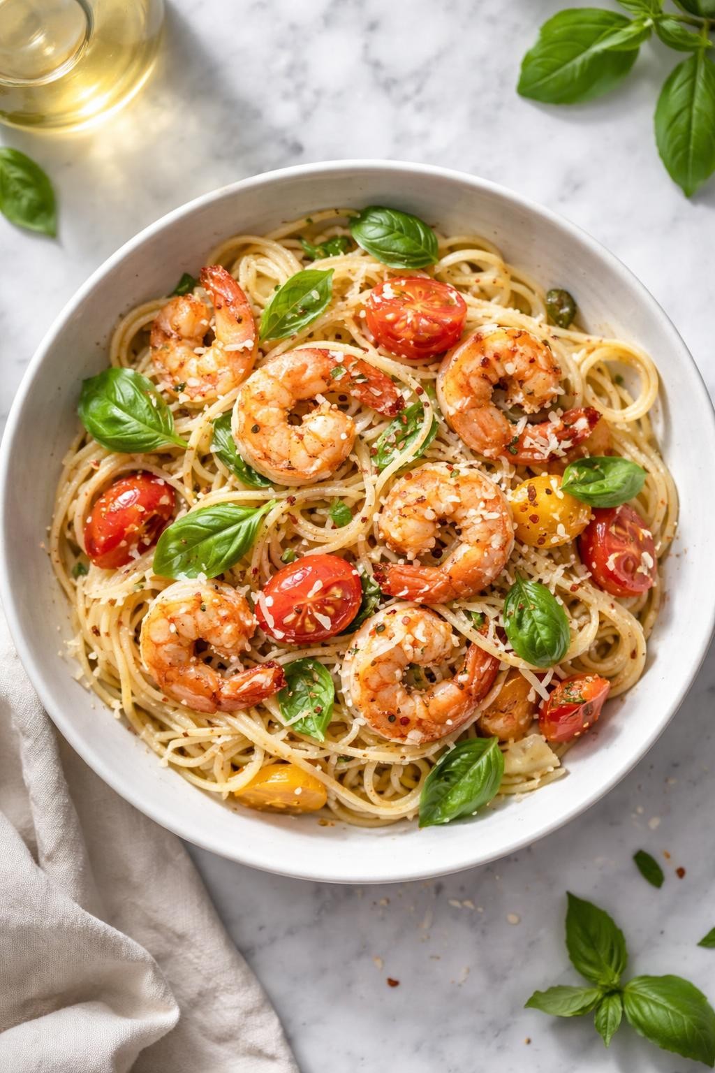 Image Prompt: Realistic top-down editorial food photography of Italian shrimp bruschetta pasta in a shallow bowl on a white marble countertop, pasta tossed with shrimp, tomatoes, basil, garlic, olive oil, and parmesan, bright natural daylight, fresh homemade pasta mood, no people, no hands, no text, no watermarks, no props with writing.