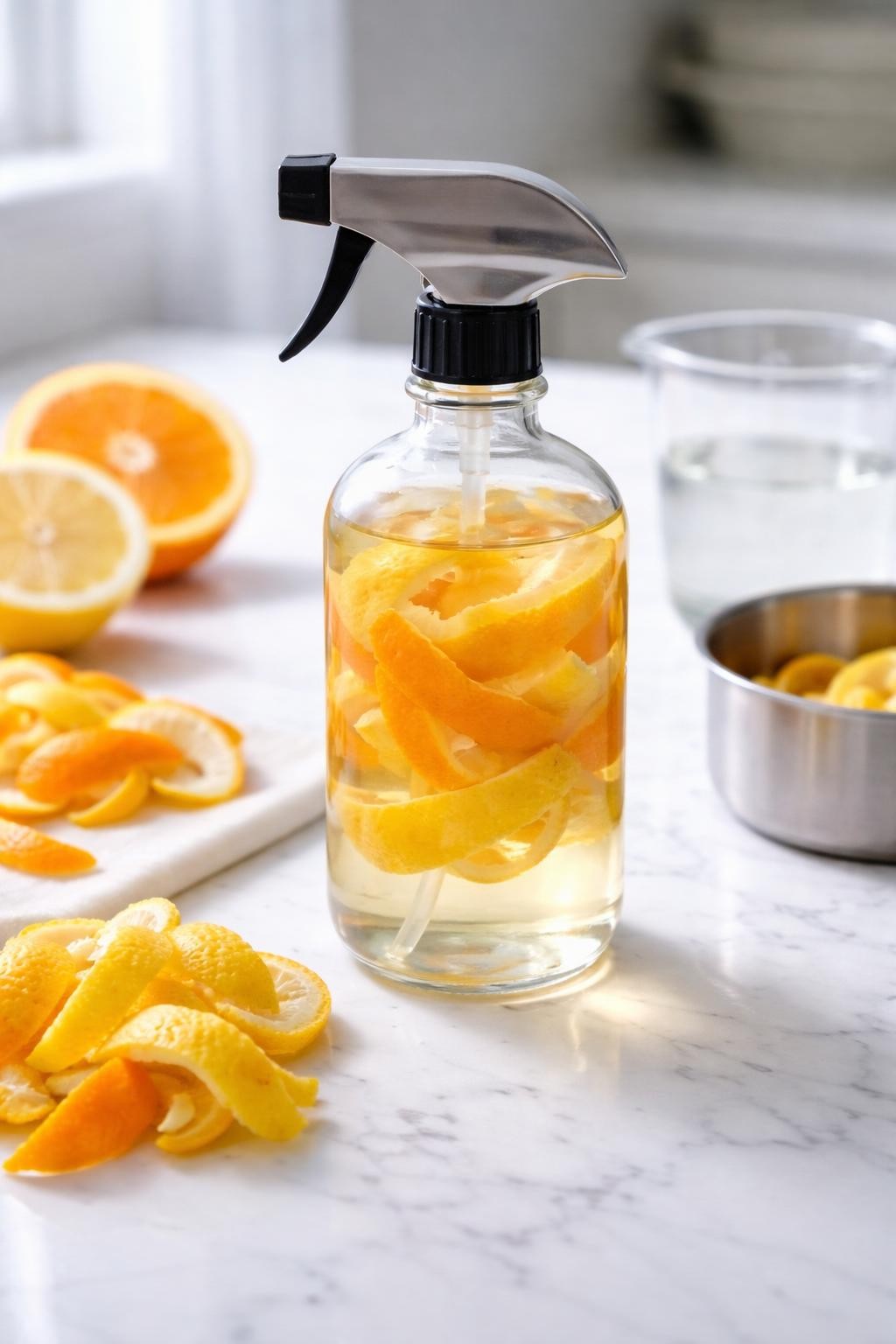 A realistic close-up photo of a glass spray bottle filled with pale golden citrus peel homemade air freshener on a clean white marble countertop. Orange peels, lemon peels, a small saucepan, and a glass measuring cup are arranged neatly around the bottle. Bright cool-toned natural light, crisp detail, realistic texture, clean minimal setup, strong focus on the bottle and citrus peel details, no people, no text, (no watermarks on images)