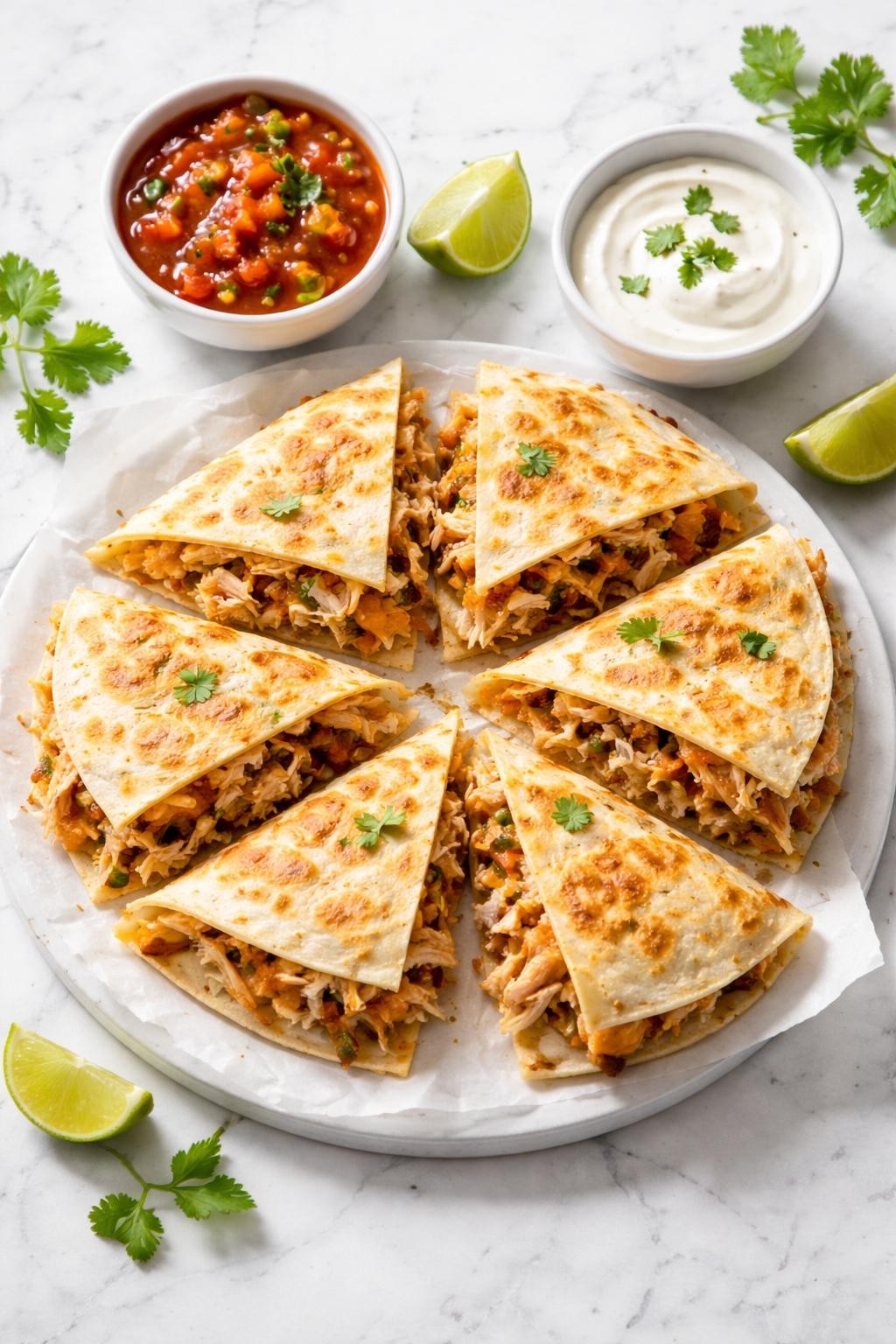 Prompt: Top-down realistic editorial food photography of sliced rotisserie chicken quesadillas on a clean white marble countertop, golden toasted tortillas filled with shredded chicken and melted cheese, served with small bowls of salsa and sour cream, crisp edges and cheesy filling visible, bright natural daylight, soft shadows, clean composition, high detail, realistic food texture, no people, no hands, no text, no watermarks, no props with writing.