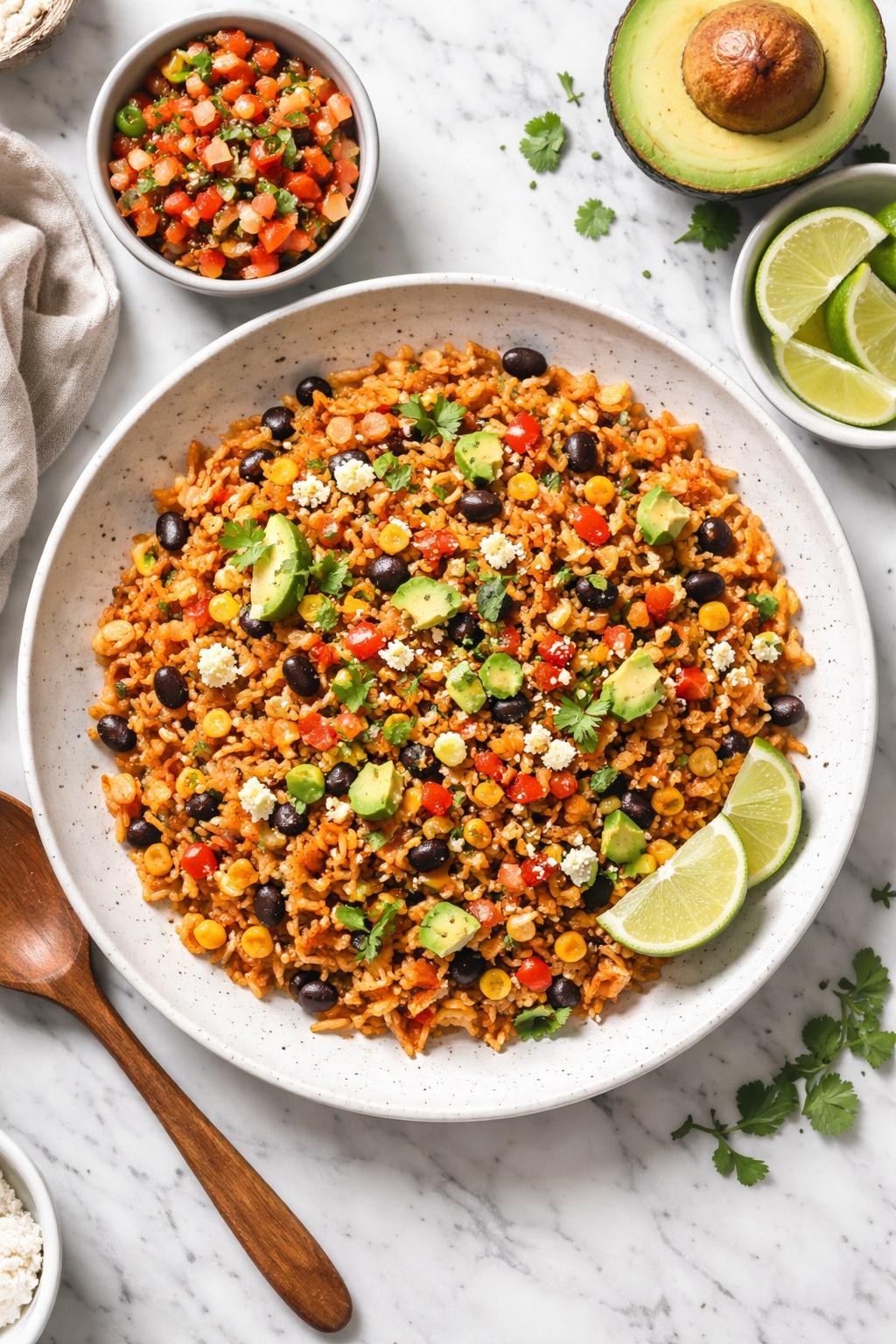 An overheard picture view of a plate of Mexican Fried Rice sitting on a marble countertop table in the kitchen, professional food photography style.