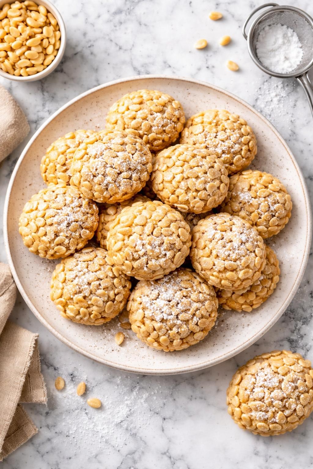An overheard picture view of a plate of   Pinoli Cookies sitting on a marble countertop table in the kitchen, professional food photography style.
