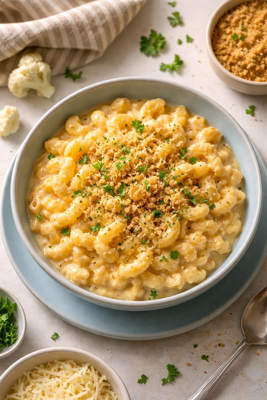 "Realistic top-down food photography of a bowl of creamy mac and cheese on a light blue plate. The macaroni is coated in a rich cheese sauce, with tiny flecks of cauliflower blended in. A sprinkle of breadcrumbs and parsley on top. Soft homey lighting, kid favorite with a veggie boost, no people, no hands, no text, no watermarks."