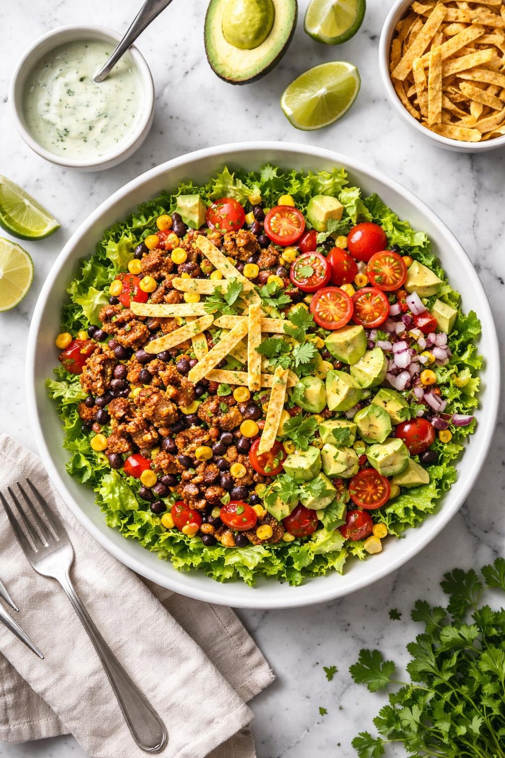 An overheard picture view of a plate of Easy Ground Turkey Southwest Salad sitting on a marble countertop table in the kitchen, professional food photography style.