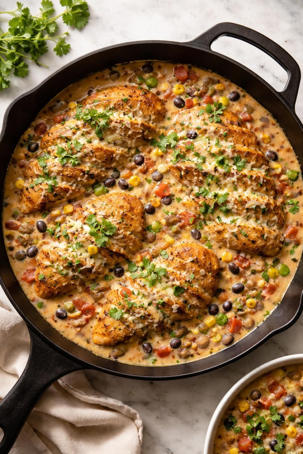 Image Prompt: Realistic top-down editorial food photography of creamy Mexican chicken breast in a skillet on a white marble countertop, sliced chicken breasts in a rich creamy sauce with tomatoes, corn, black beans, green chiles, and melted cheese, fresh cilantro on top, warm natural window lighting, cozy homemade dinner mood, clean editorial styling, no people, no hands, no text, no watermarks, no props with writing.