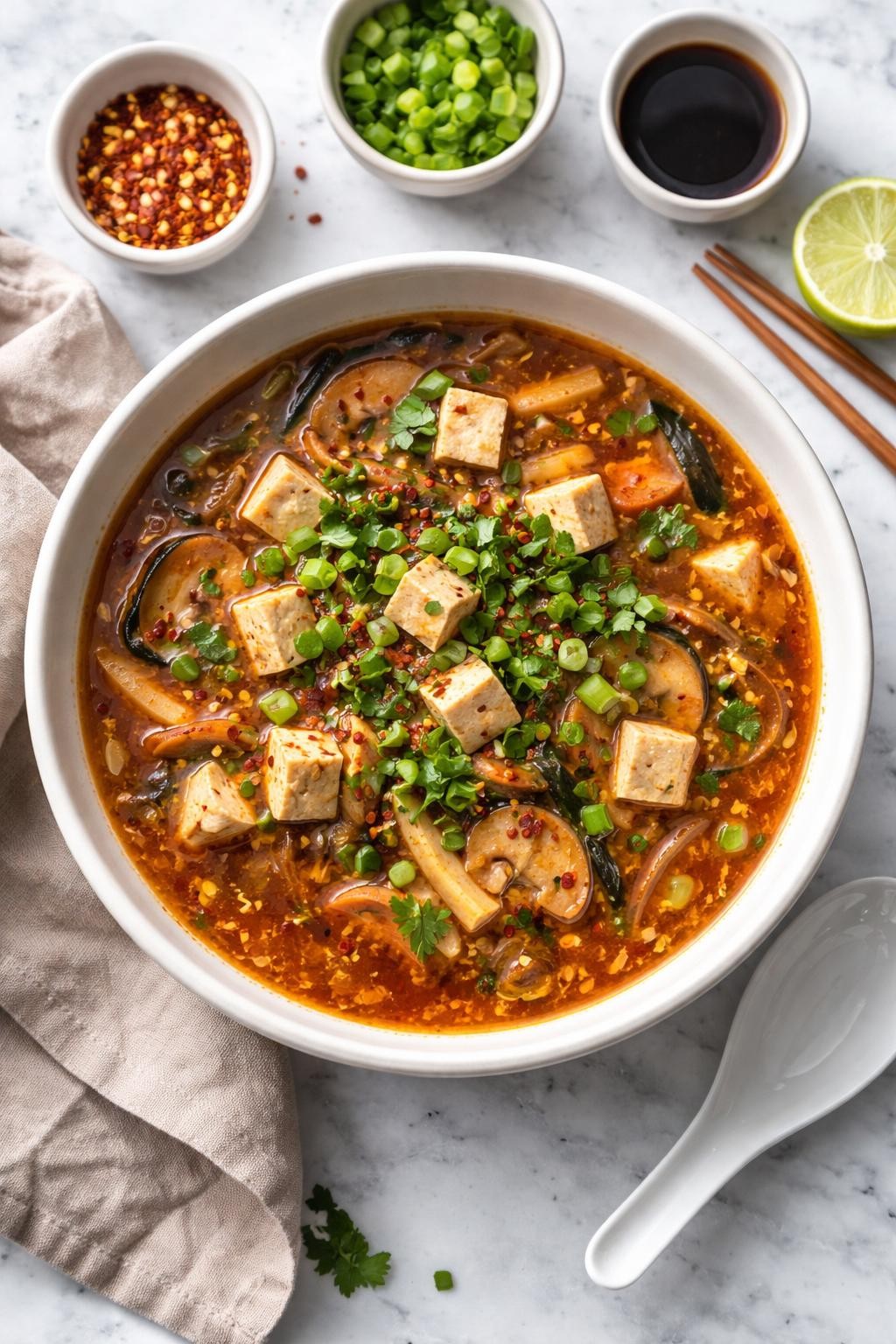 An overheard picture view of a plate of Hot and Sour Tofu Soup sitting on a marble countertop table in the kitchen, professional food photography style.