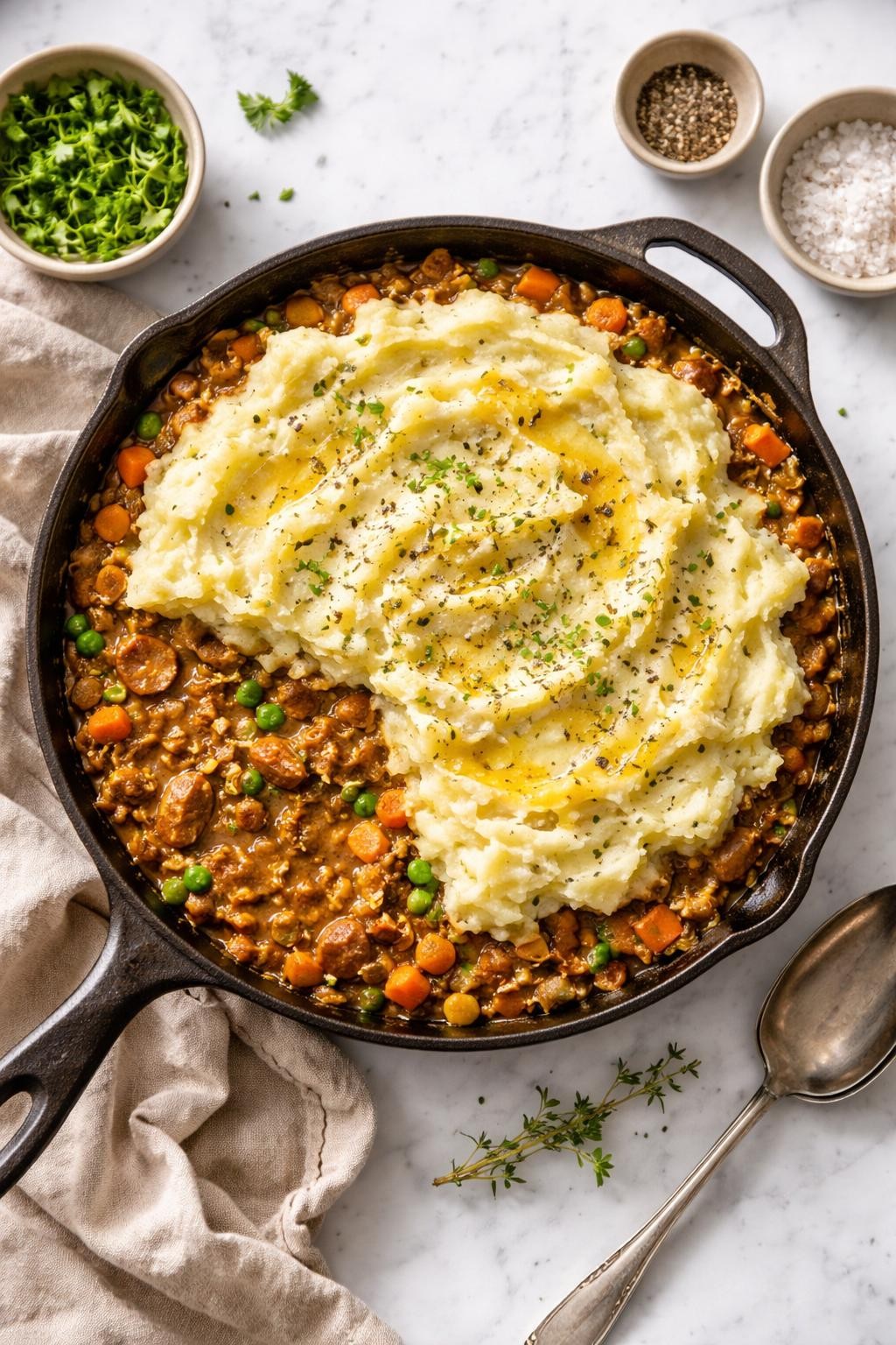Image Prompt: Realistic top-down editorial food photography of soy curl shepherd’s pie skillet on a white marble countertop, savory soy curl mixture with peas, carrots, and gravy topped with creamy mashed potatoes in a rustic skillet, cozy homemade vegan comfort food styling, bright natural daylight, soft shadows, clean editorial composition, high detail, realistic texture, no people, no hands, no text, no watermarks, no props with writing.
