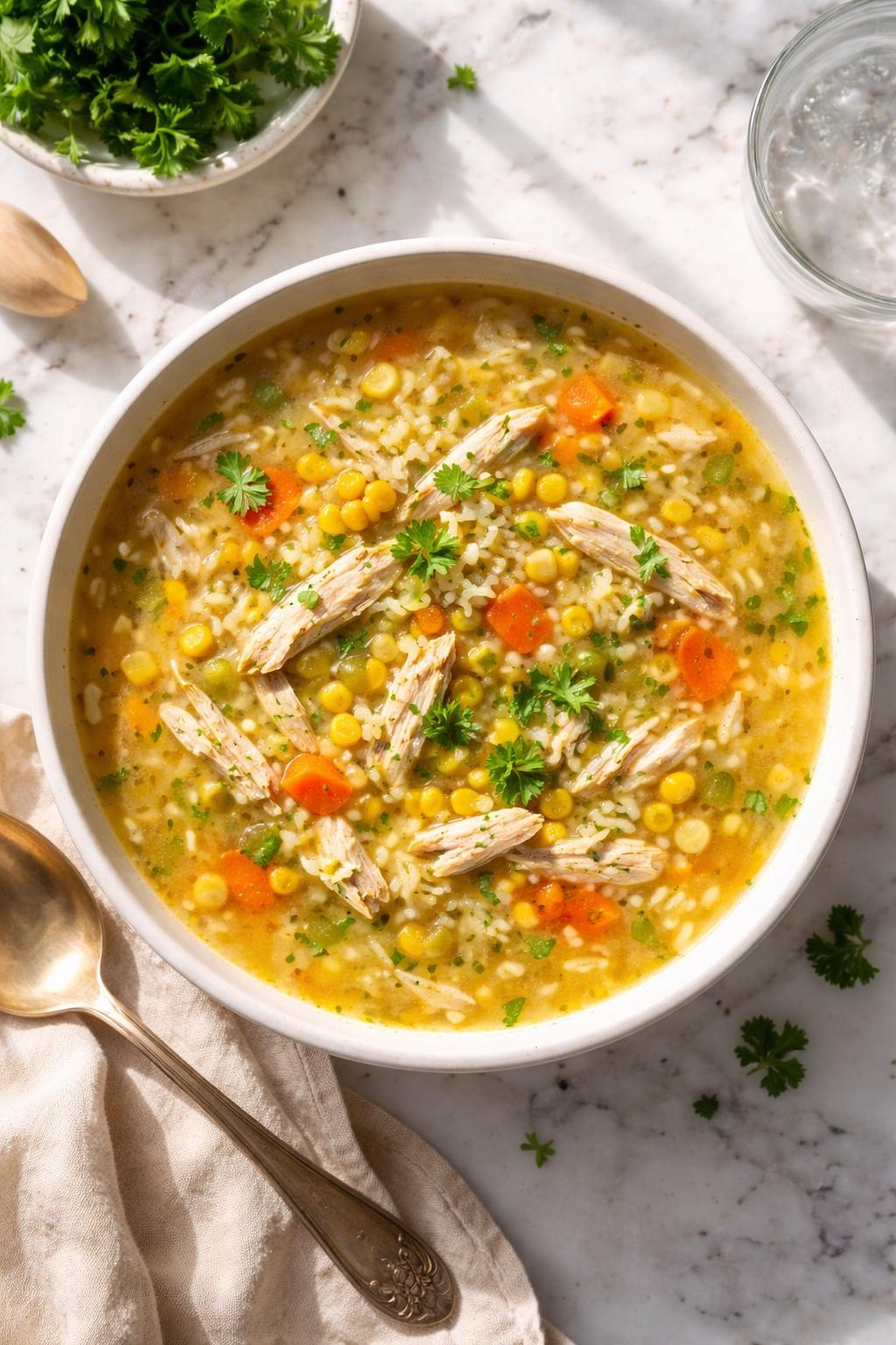 Image Prompt: Realistic top-down editorial food photography of a bowl of chicken and rice soup with corn on a white marble countertop, golden broth filled with shredded chicken, rice, sweet corn, carrots, celery, and chopped parsley, cozy homemade soup styling, bright natural daylight, soft shadows, high detail, realistic food texture, no people, no hands, no text, no watermarks, no props with writing.