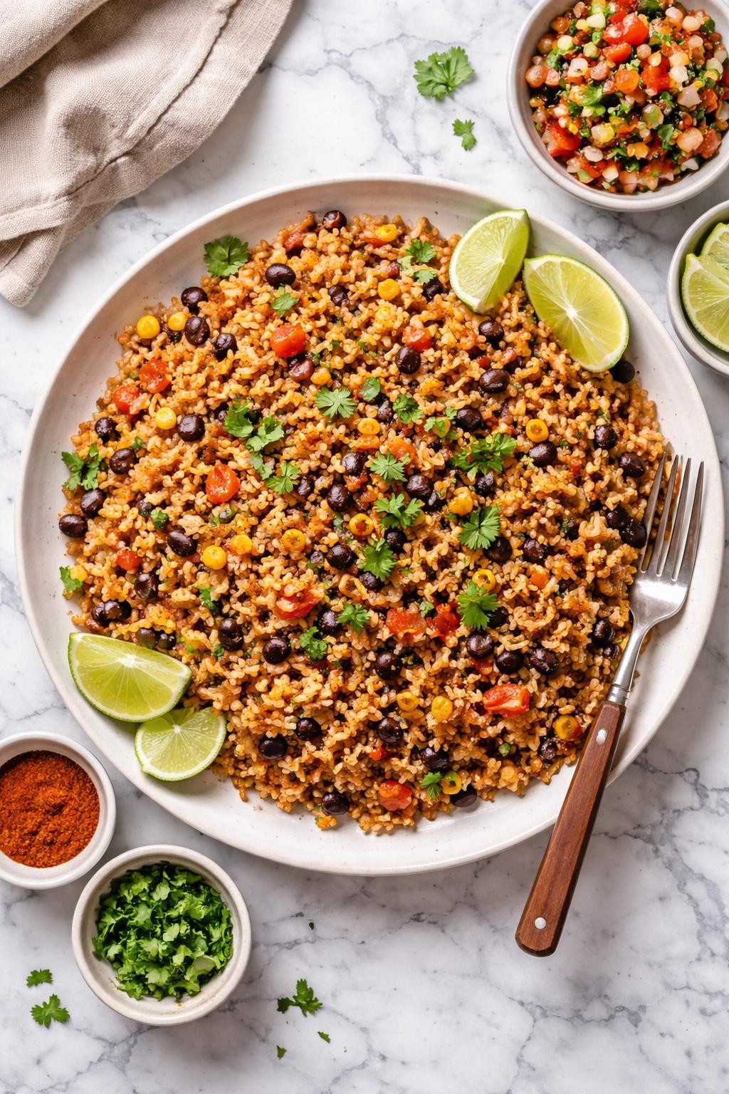 An overheard picture view of a plate of Mexican Brown Rice sitting on a marble countertop table in the kitchen, professional food photography style.