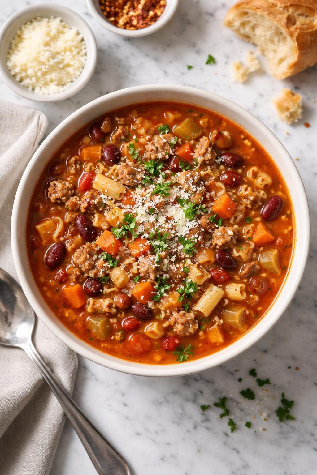 Image Prompt: Realistic top-down editorial food photography of a bowl of hearty pasta e fagioli with sausage on a clean white and gray marble countertop, filled with crumbled Italian sausage, beans, small pasta, carrots, celery, onion, and a thick tomato broth, topped with parsley and parmesan, warm restaurant-style homemade soup mood, bright natural light, soft shadows, clean composition, high detail, realistic food texture, no people, no hands, no text, no watermarks, no props with writing.