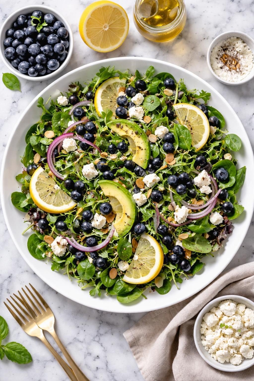An overheard picture view of a plate of Blueberry Lemon Summer Salad with Goat Cheese sitting on a marble countertop table in the kitchen, professional food photography style.