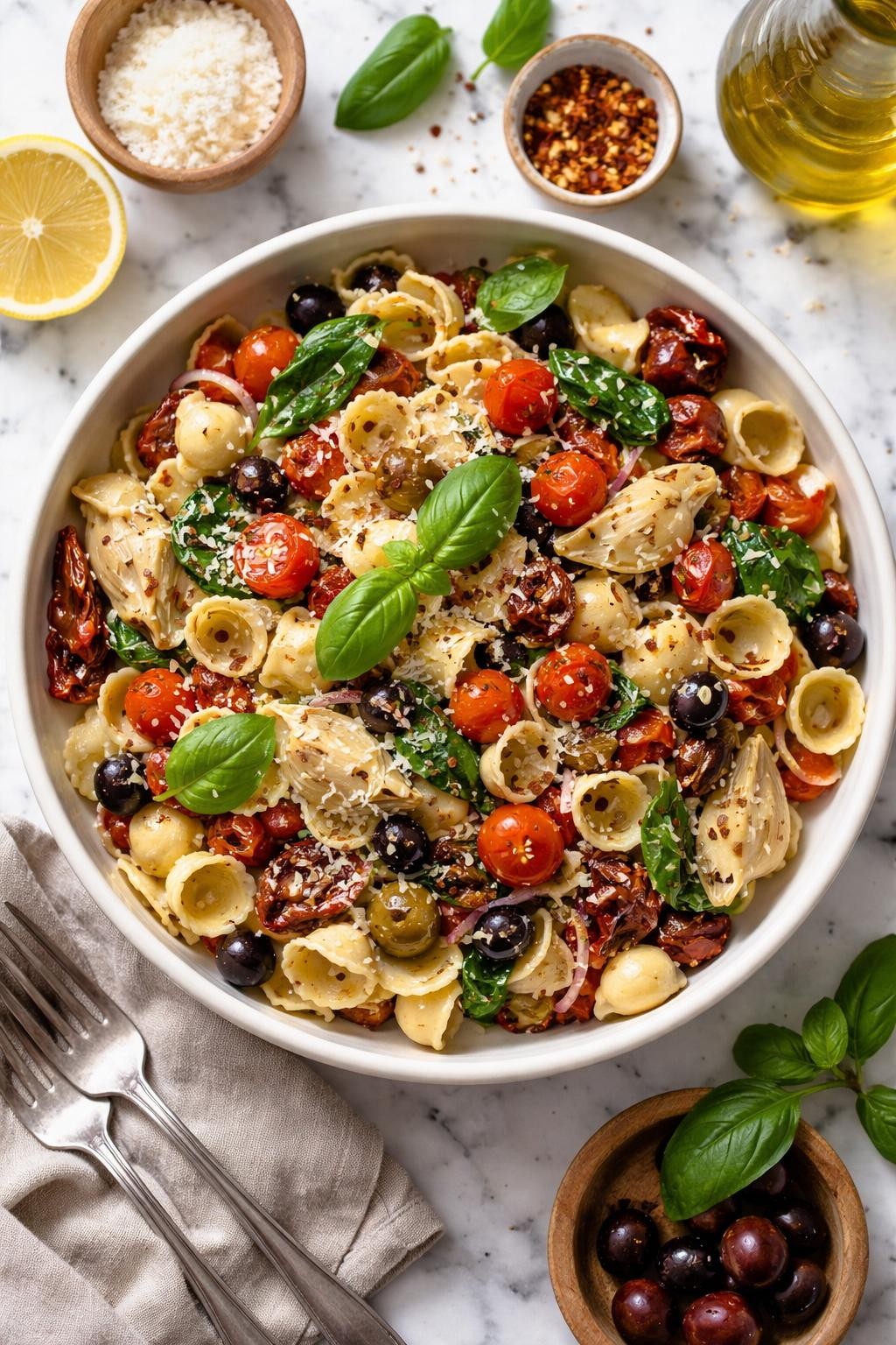 An overheard picture view of a plate of Sun-Dried Tomato and Artichoke Pasta Salad sitting on a marble countertop table in the kitchen, professional food photography style.