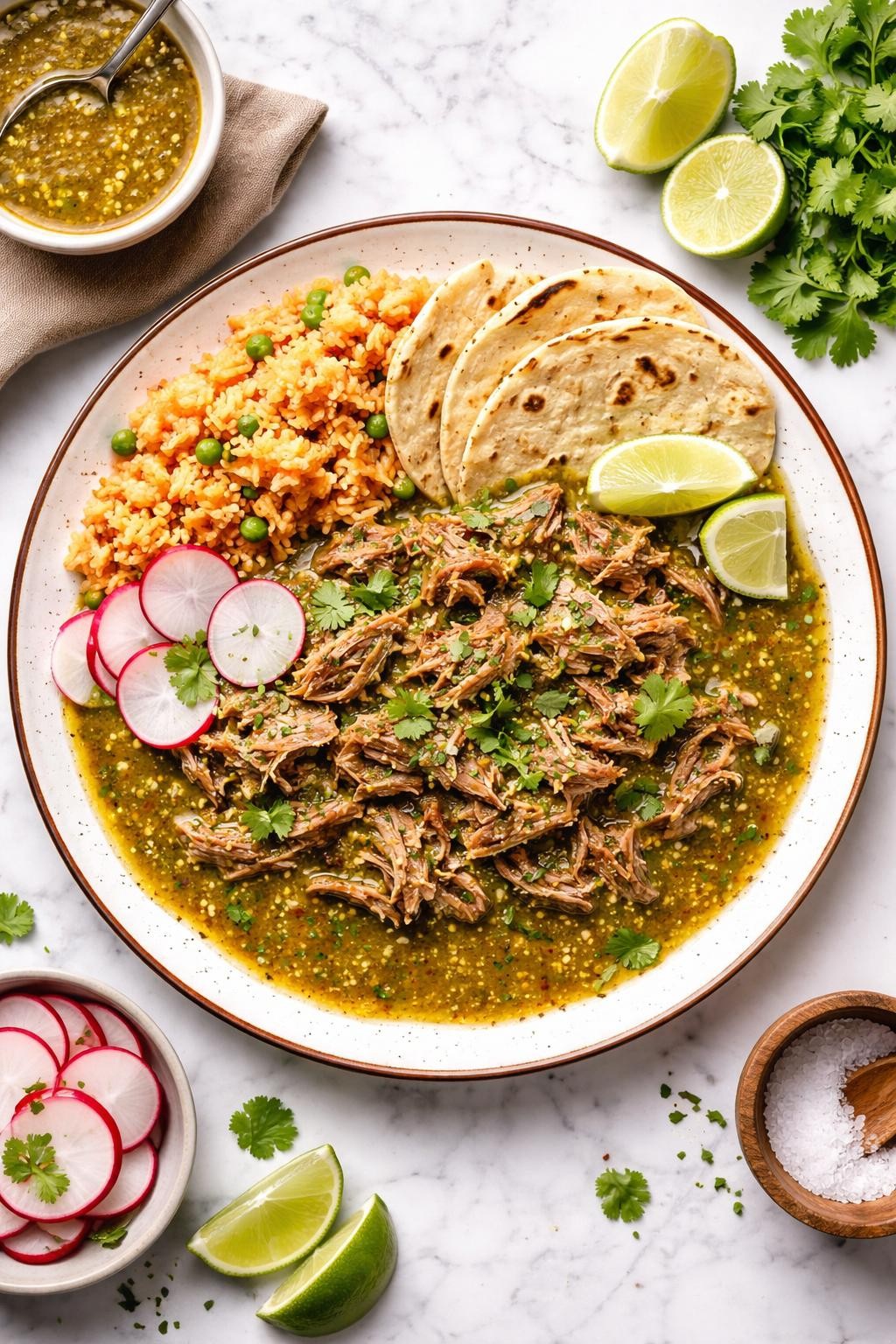 An overheard picture view of a plate of  Deshebrada en Salsa Verde  sitting on a marble countertop table in the kitchen, professional food photography style.
