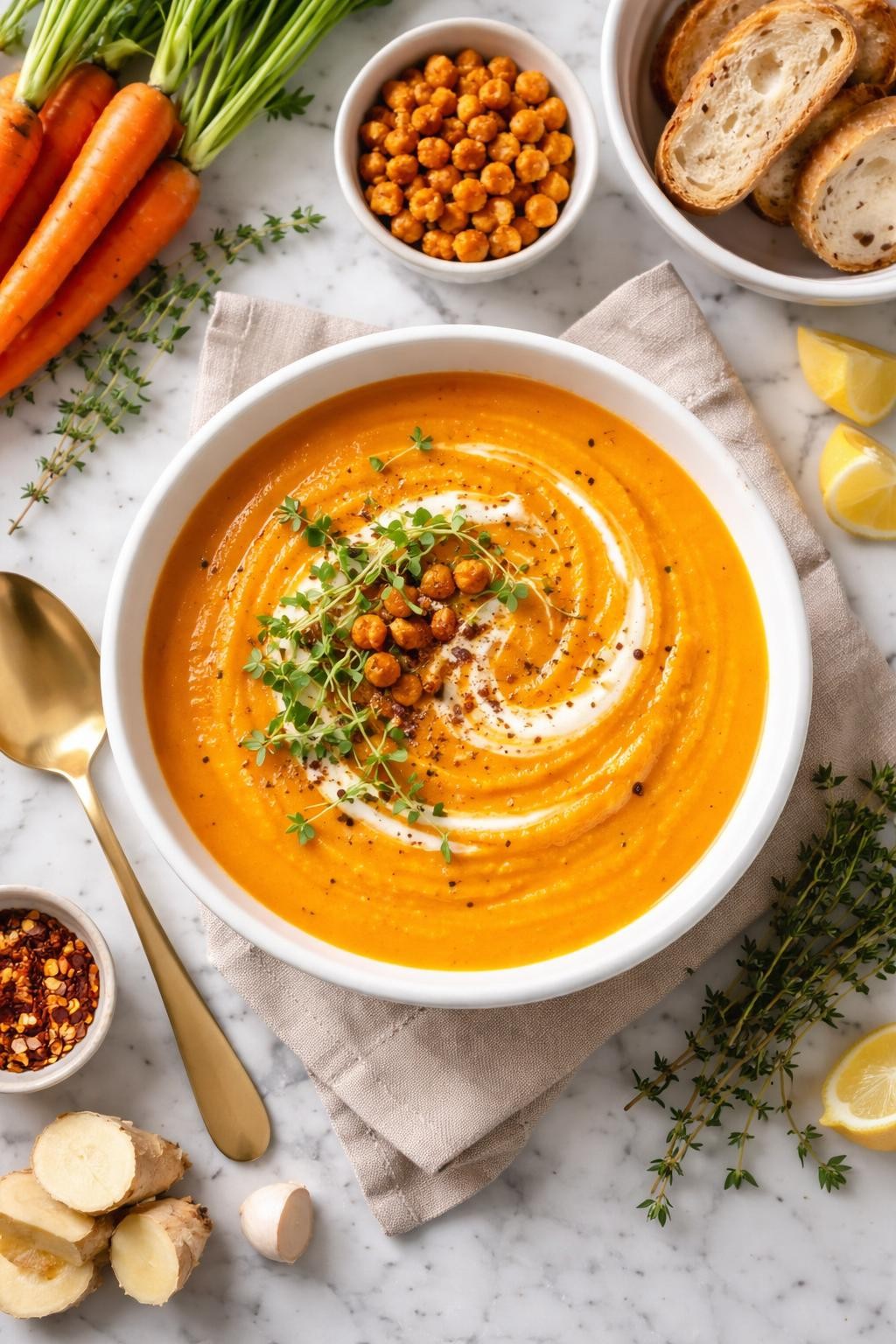 An overheard picture view of a plate of Roasted Carrot and Ginger Soup sitting on a marble countertop table in the kitchen, professional food photography style.