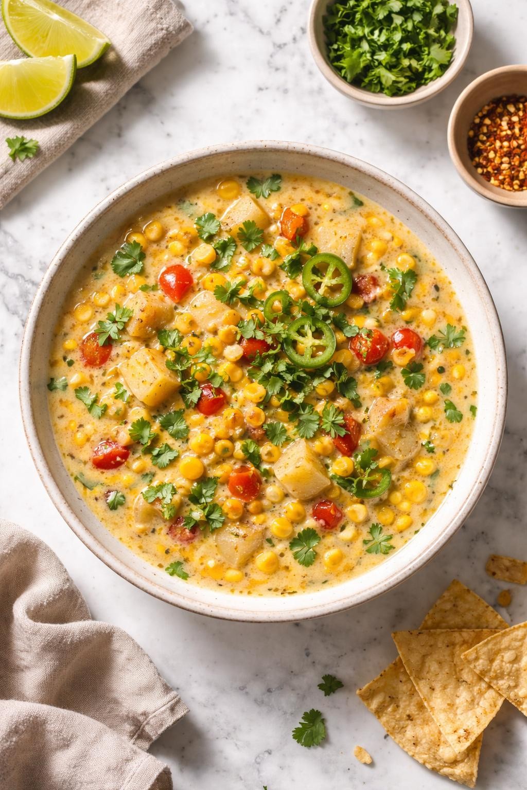 Image Prompt: Realistic top-down editorial food photography of vegan Mexican corn chowder in a rustic white bowl on a white marble countertop, creamy soup filled with sweet corn, potatoes, peppers, onions, and cilantro, cozy homemade comfort food styling, natural daylight, soft shadows, clean editorial composition, high detail, realistic texture, no people, no hands, no text, no watermarks, no props with writing.