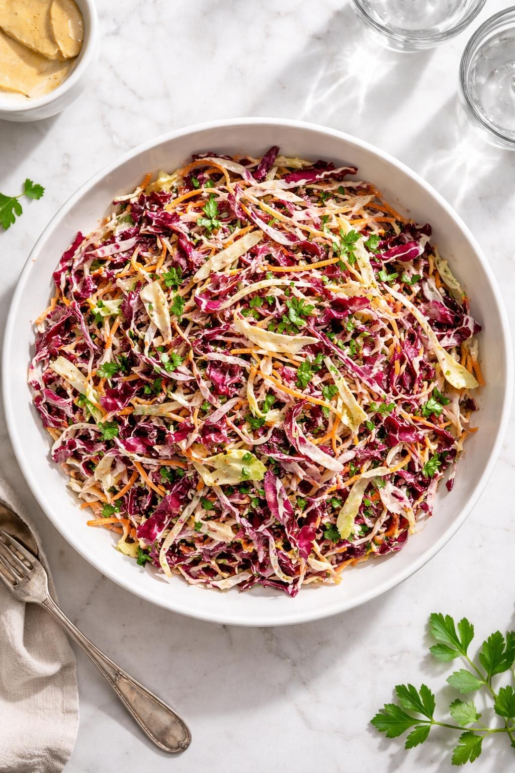 Image Prompt: Realistic top-down editorial food photography of a radicchio slaw salad in a shallow white bowl on a light marble countertop, thin shredded radicchio with green cabbage, carrots, parsley, and light creamy dressing, bright natural daylight, soft shadows, clean editorial styling, realistic textures, no people, no hands, no text, no watermarks, no props with writing.