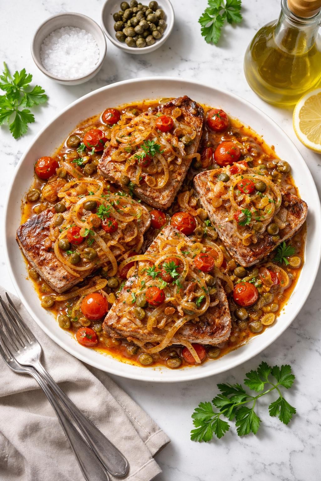 An overheard picture view of a plate of Sicilian-Style Tuna with Sweet and Sour Onions sitting on a marble countertop table in the kitchen, professional food photography style.