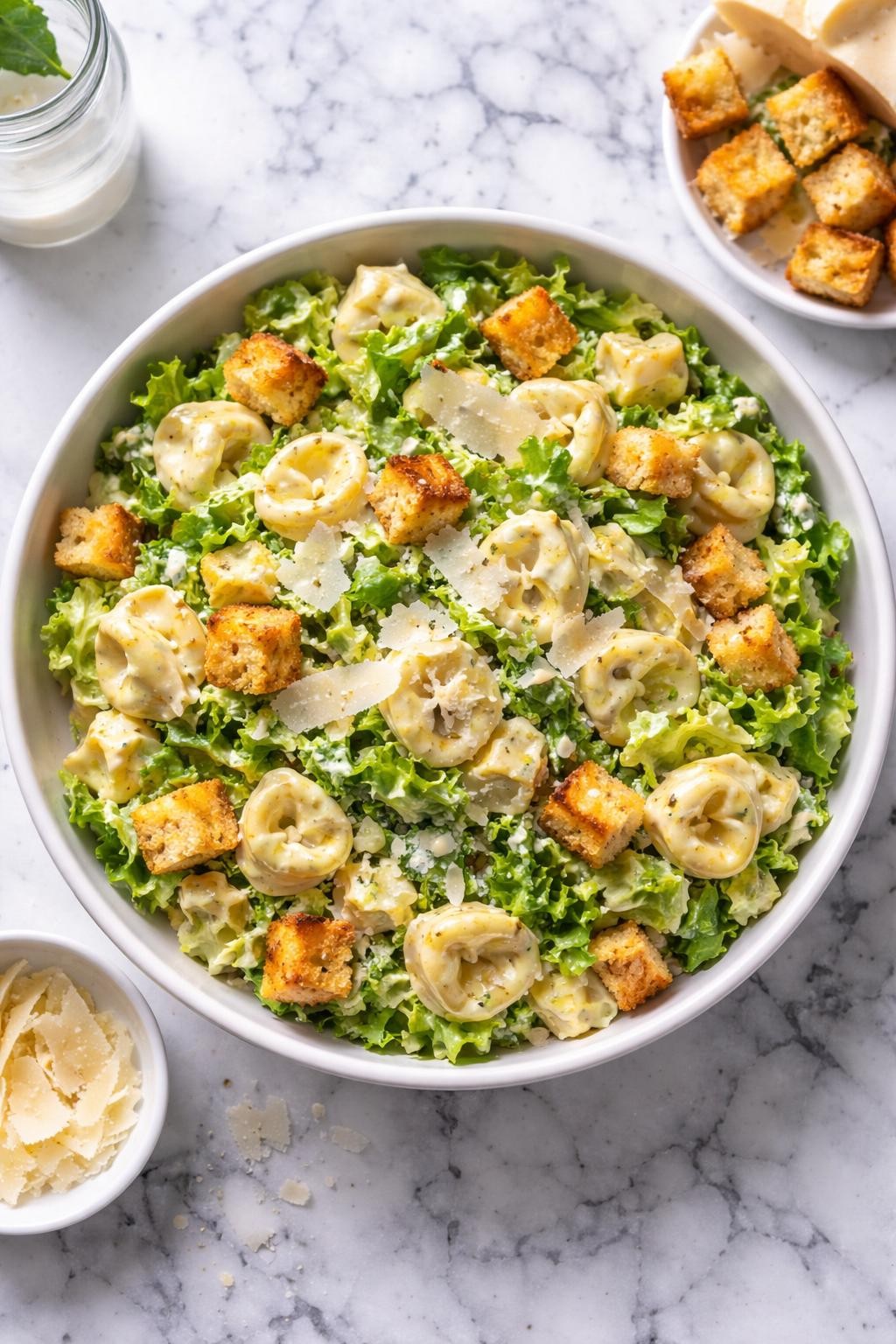Image Prompt: Realistic top-down editorial food photography of Caesar tortellini pasta salad in a large white serving bowl on a white and gray marble countertop, cheese tortellini tossed with chopped romaine, creamy Caesar dressing, shaved parmesan, and crunchy croutons, fresh homemade styling, bright natural window lighting, soft shadows, no people, no hands, no text, no watermarks, no props with writing.