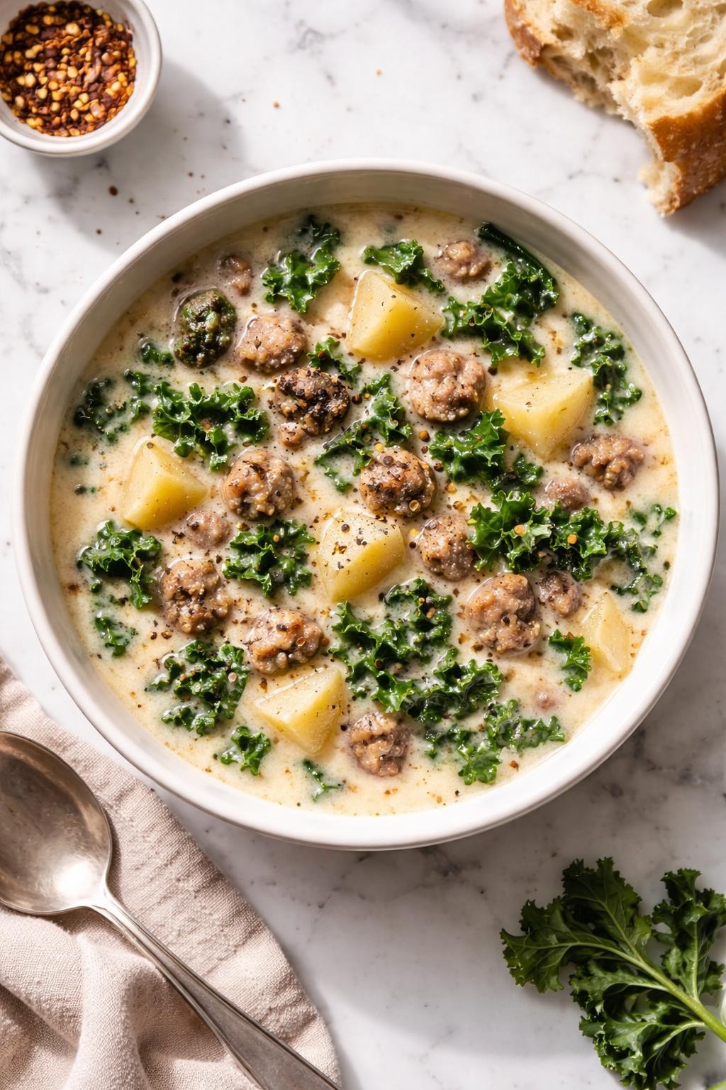 Image Prompt: Realistic top-down editorial food photography of a bowl of creamy sausage soup on a white marble countertop, filled with browned Italian sausage, soft potato pieces, chopped kale, and a creamy savory broth with cracked black pepper on top, cozy homemade restaurant-style soup mood, bright natural daylight, soft shadows, clean editorial styling, high detail, realistic texture, no people, no hands, no text, no watermarks, no props with writing.
